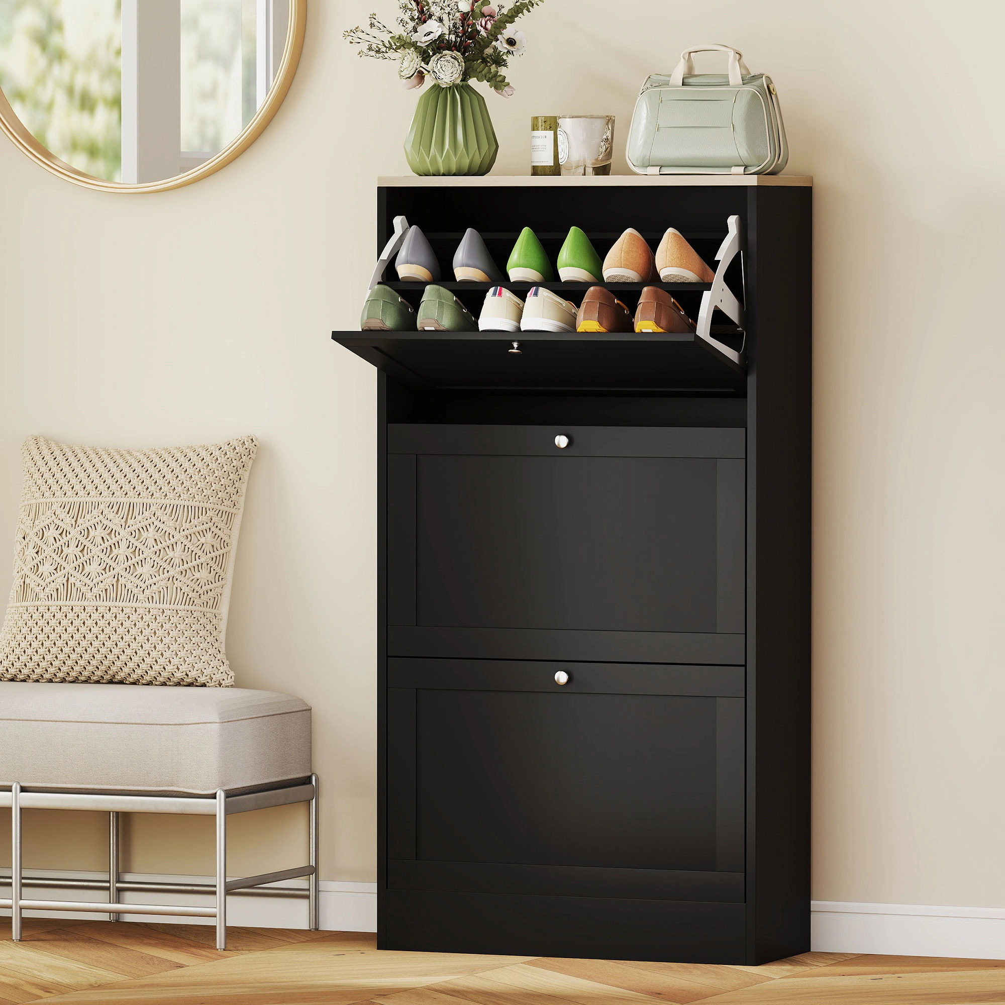 HONGGE Modern Shoe Storage Cabinet with 3 Flip Drawers and Adjustable Shelves for 12-18 Pairs of Shoes