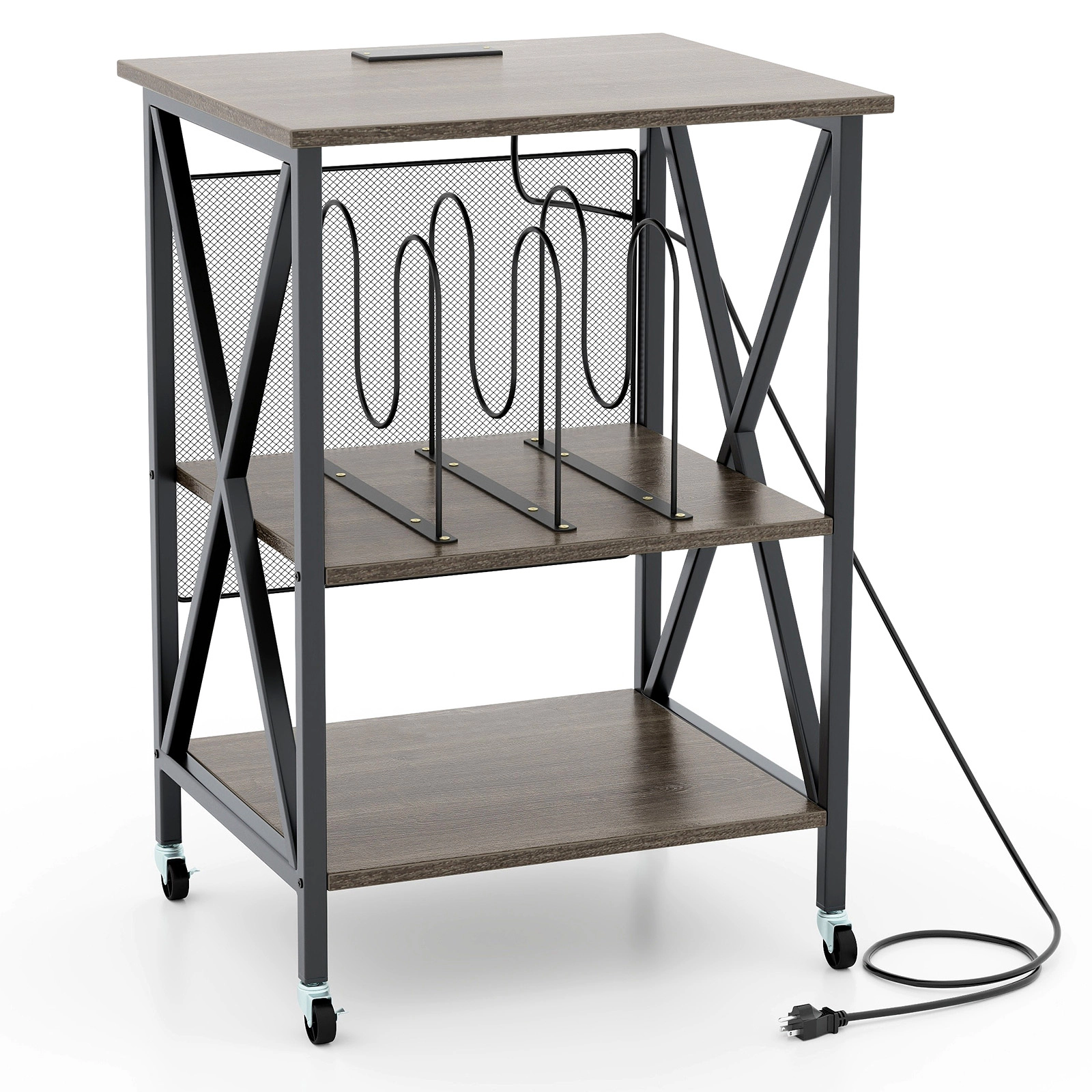 SUGIFT Mid-Century Record Player Stand Accent Table Built-in Charging Station 110-lb Top Capacity Rustic Brown Gray Oak