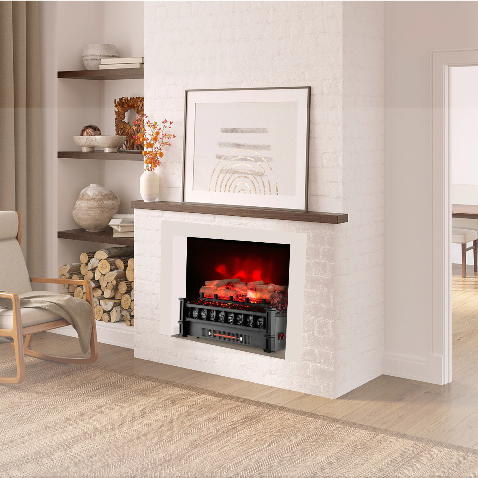 LJG 20 Inch Electric Fireplace Heater with Realistic Birchwood Ember Bed