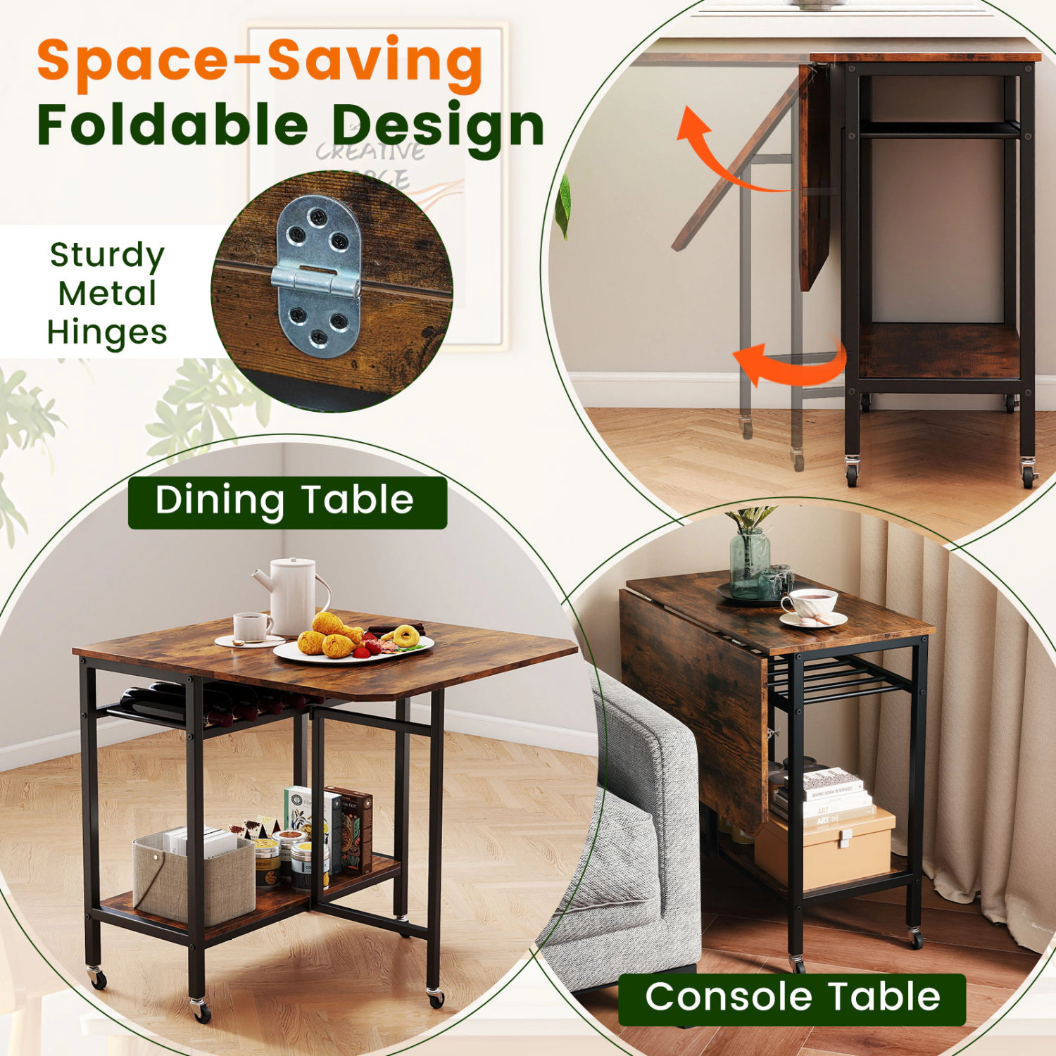 LJG Folding Dining Table with Expandable Laptop with Wine Rack and Wheels