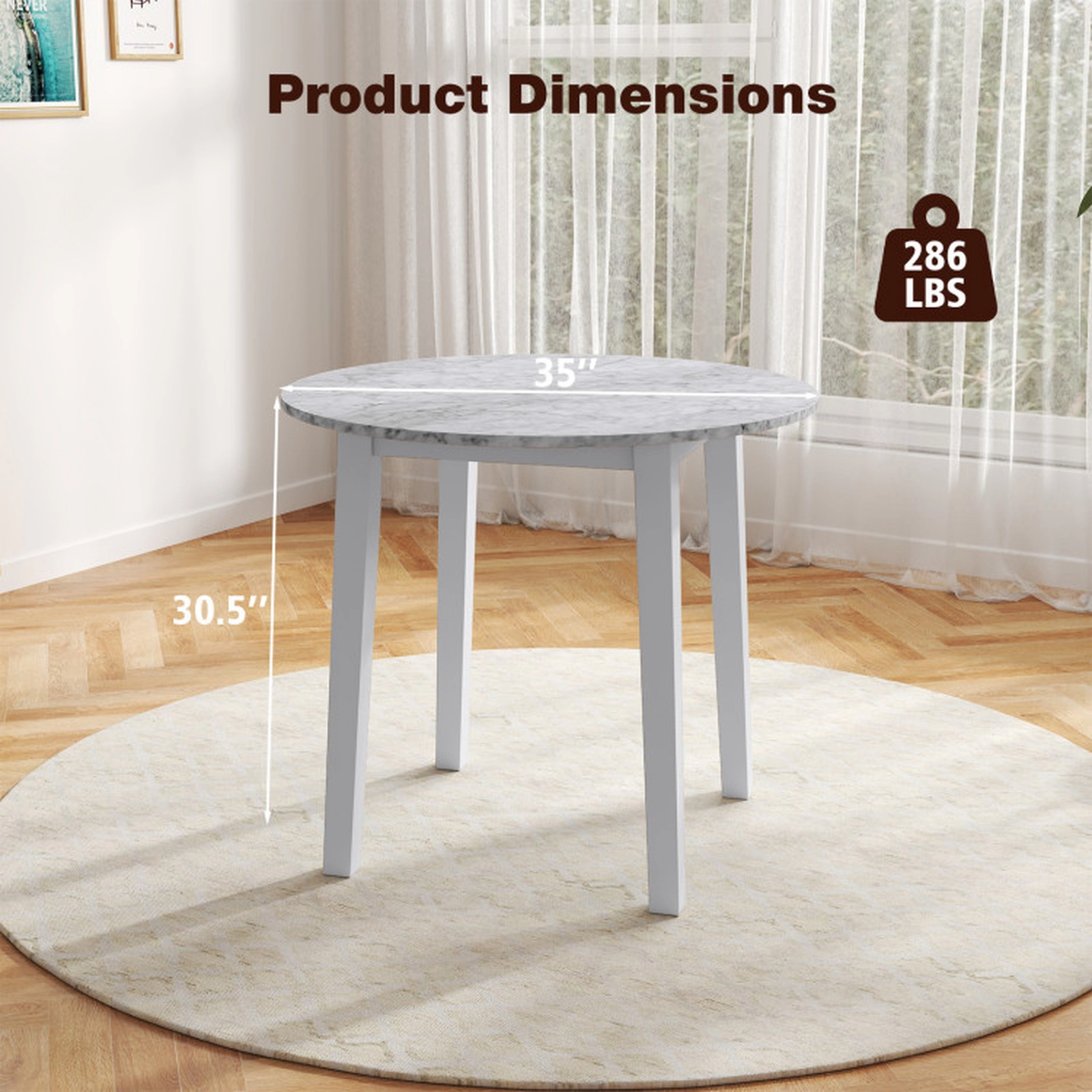 SUGIFT 35-in Round 286-lb Capacity Dining Table with Marble-Textured Veneer Tabletop and Rubber Wood Legs