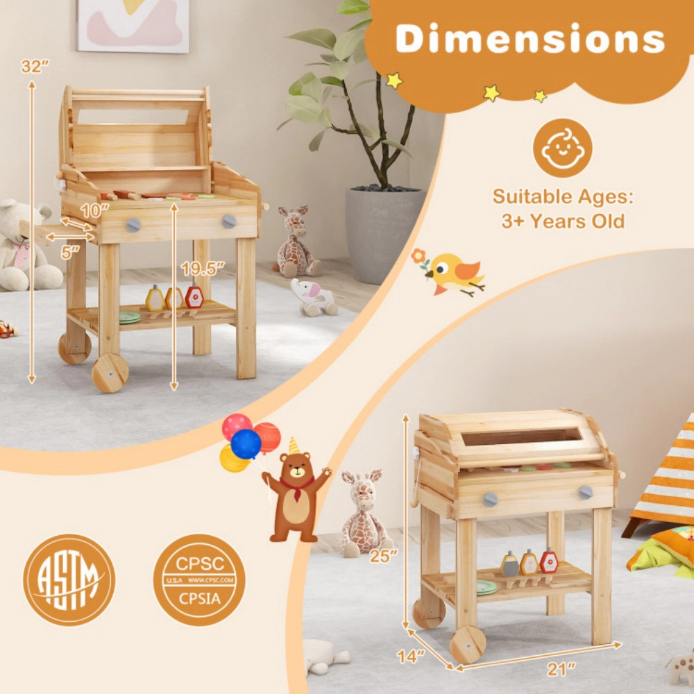 SUGIFT Kids Wooden Barbecue Grill Playset Pretend Kitchen with 25-Piece Food Set Ages 3+ 21-in Wide Natural