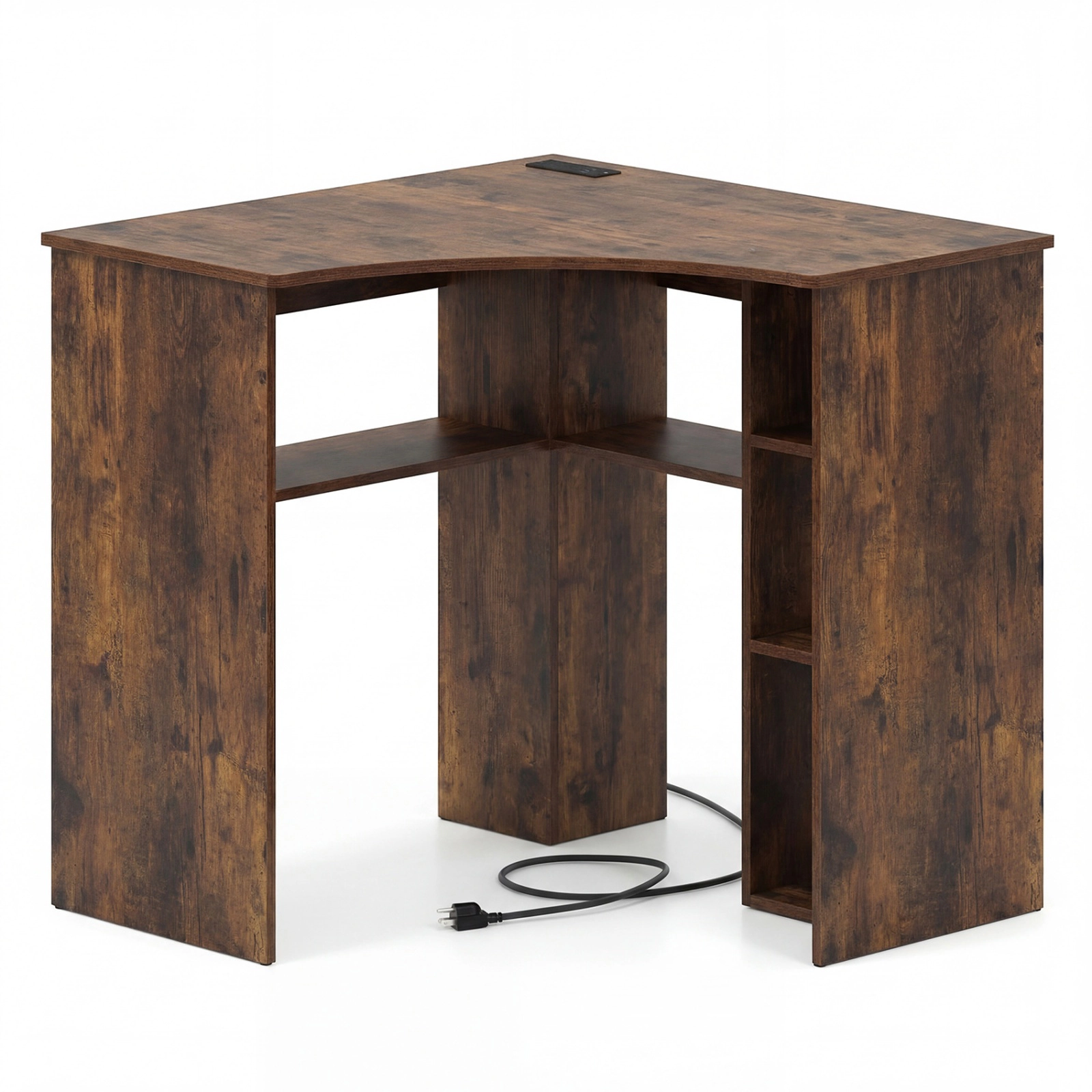 SUGIFT 90° Corner Triangle Computer Desk with Adjustable Shelf & Arc-Shaped Profile 100-lb Desktop Capacity Rustic Brown