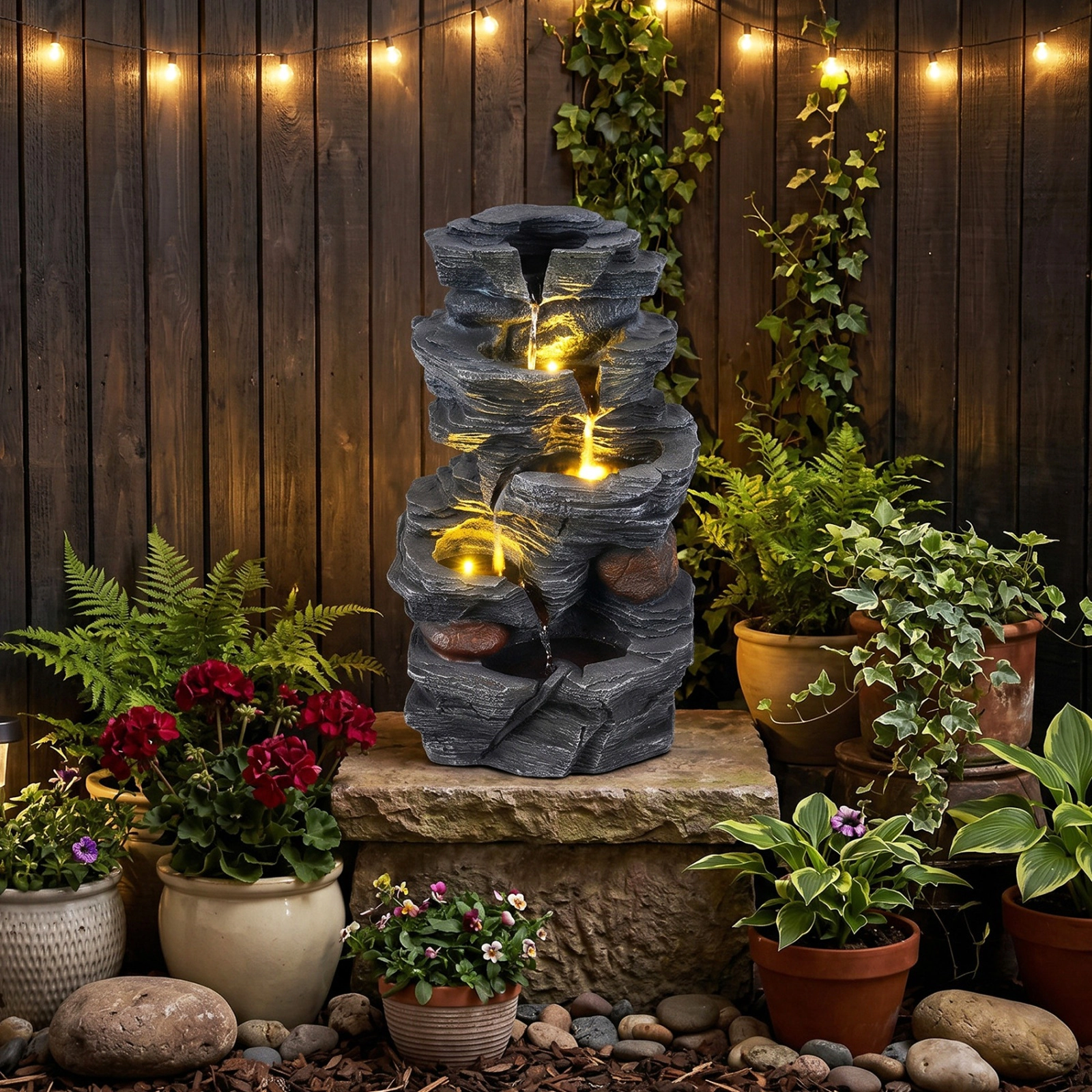 SUGIFT 5-Tier Tabletop Cascading Rock Water Fountain with LED Lights and Pump 18-in Tall Resin Fiberglass Gray