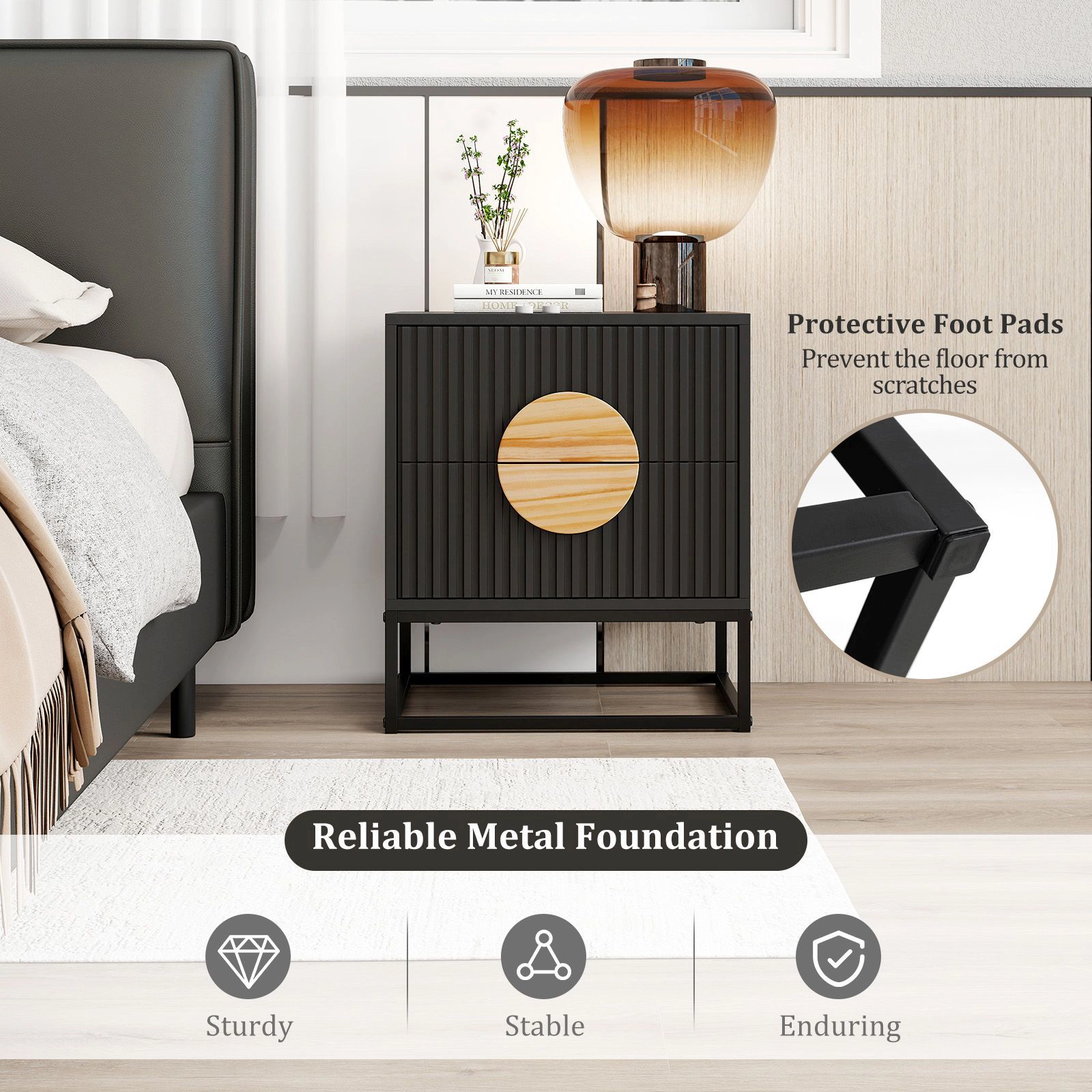 SlickBlue Fluted 2-Drawer End Table with Metal Frame