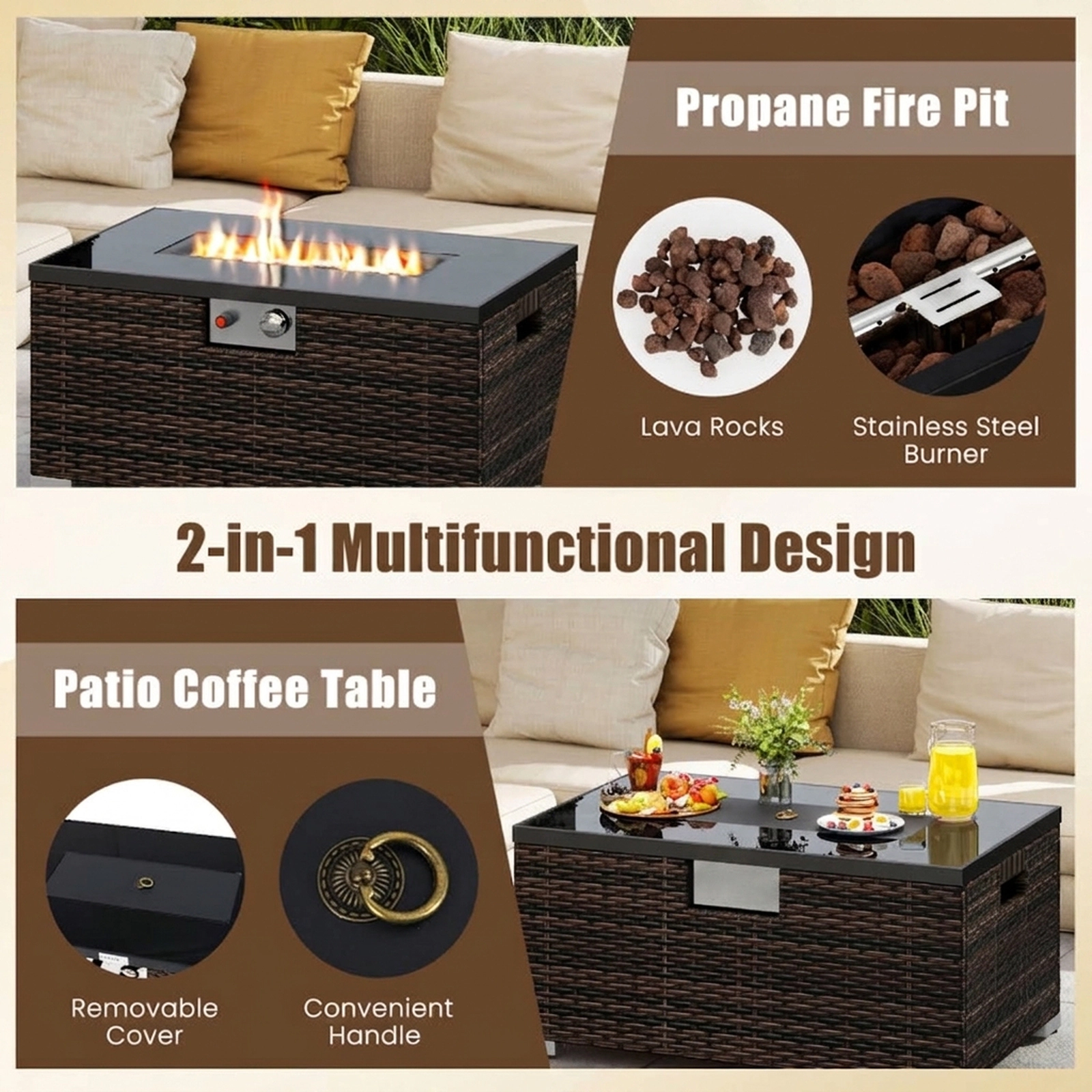 SUGIFT 2-Piece 32-in Rectangle 40000-BTU Propane Gas Fire Pit Table Set with PE Rattan and Tank Cover