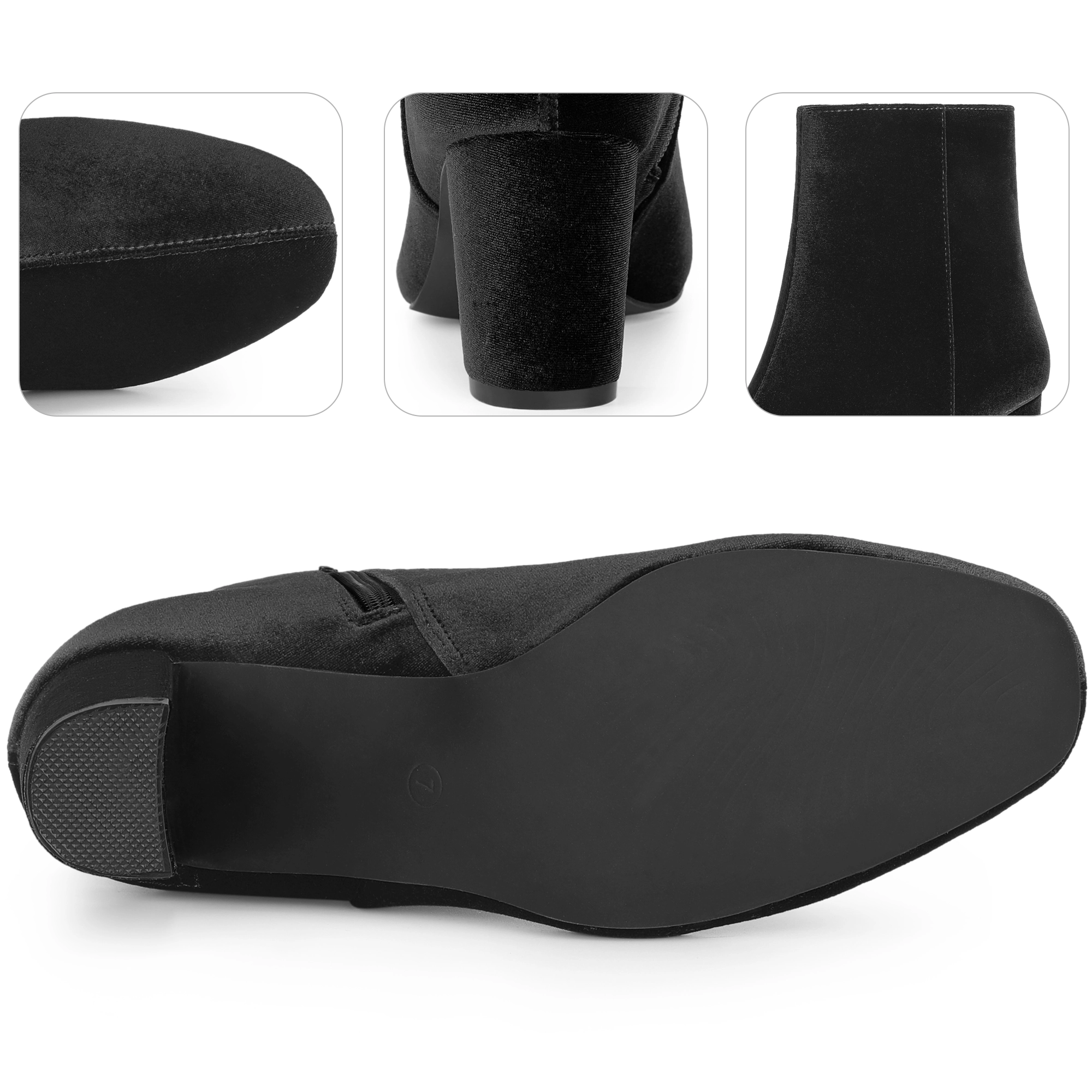 BLISSFUL STEP Women Faux Velvet Round Toe Chunky Heel Ankle Boots Side Zip
