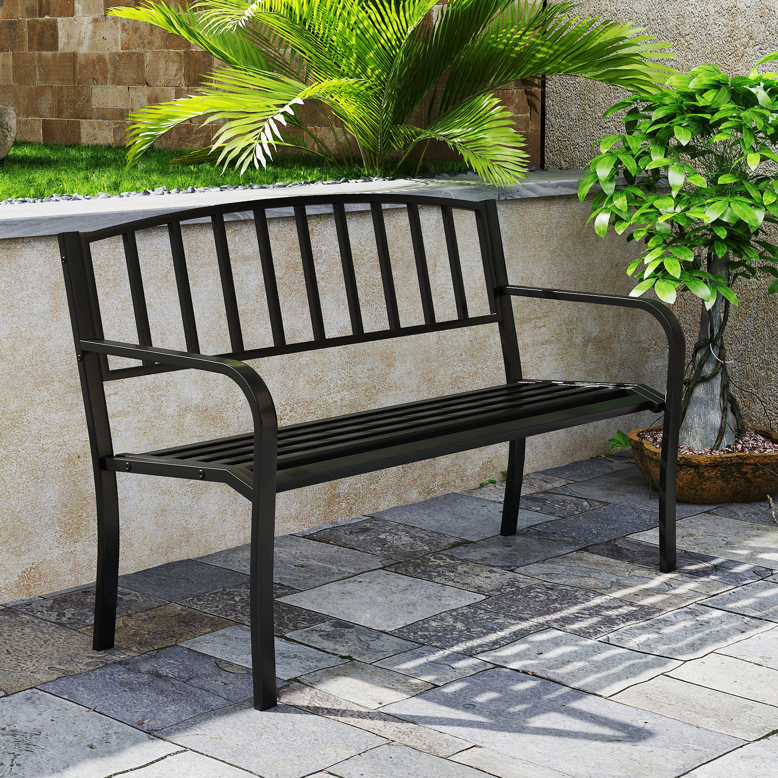 SUGIFT 50-Inch Black Metal Outdoor Garden Bench, 660-Lb Capacity, Slatted Backrest and Curved Armrests
