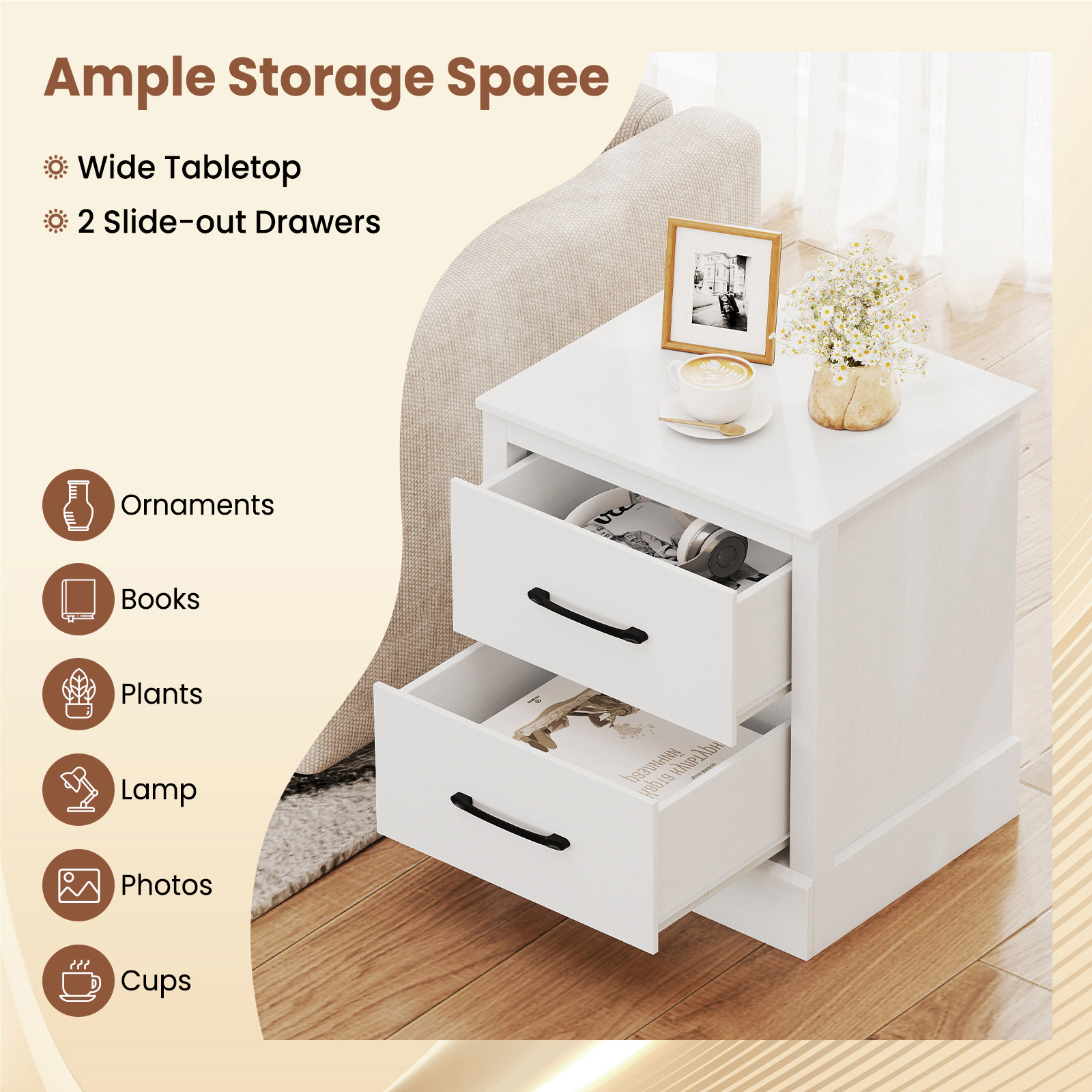 SUGIFT 2-Drawer Engineered Wood Nightstand with Storage 66-lb Tabletop Capacity 22-lb Drawer Capacity White