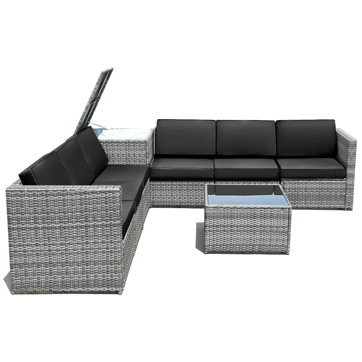 LJG 8 Piece Wicker Sofa Rattan Dining Set Patio Furniture with Storage Table