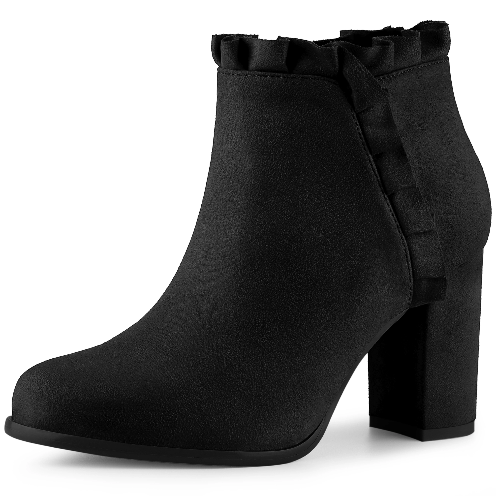 BLISSFUL STEP Women Faux Suede Ruffle Round Toe Chunky Heel Ankle Boots