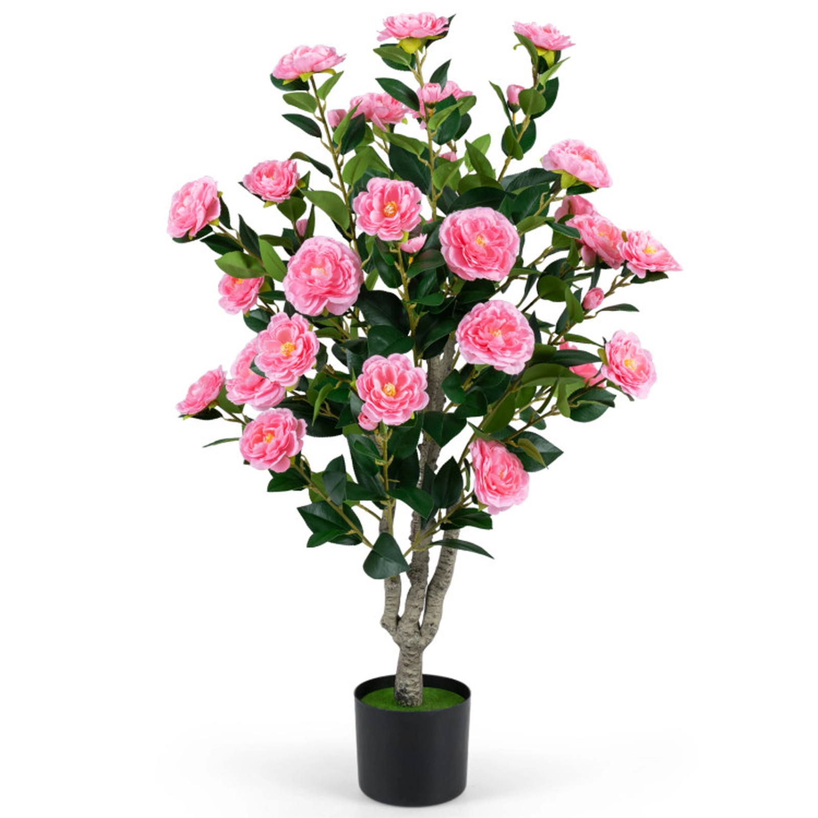 SUGIFT 39.5-in Cement-Filled Pot Silk Blossoms PE Trunk Artificial Camellia Tree 6-in x 5-in Pot 6.5-lb Pink