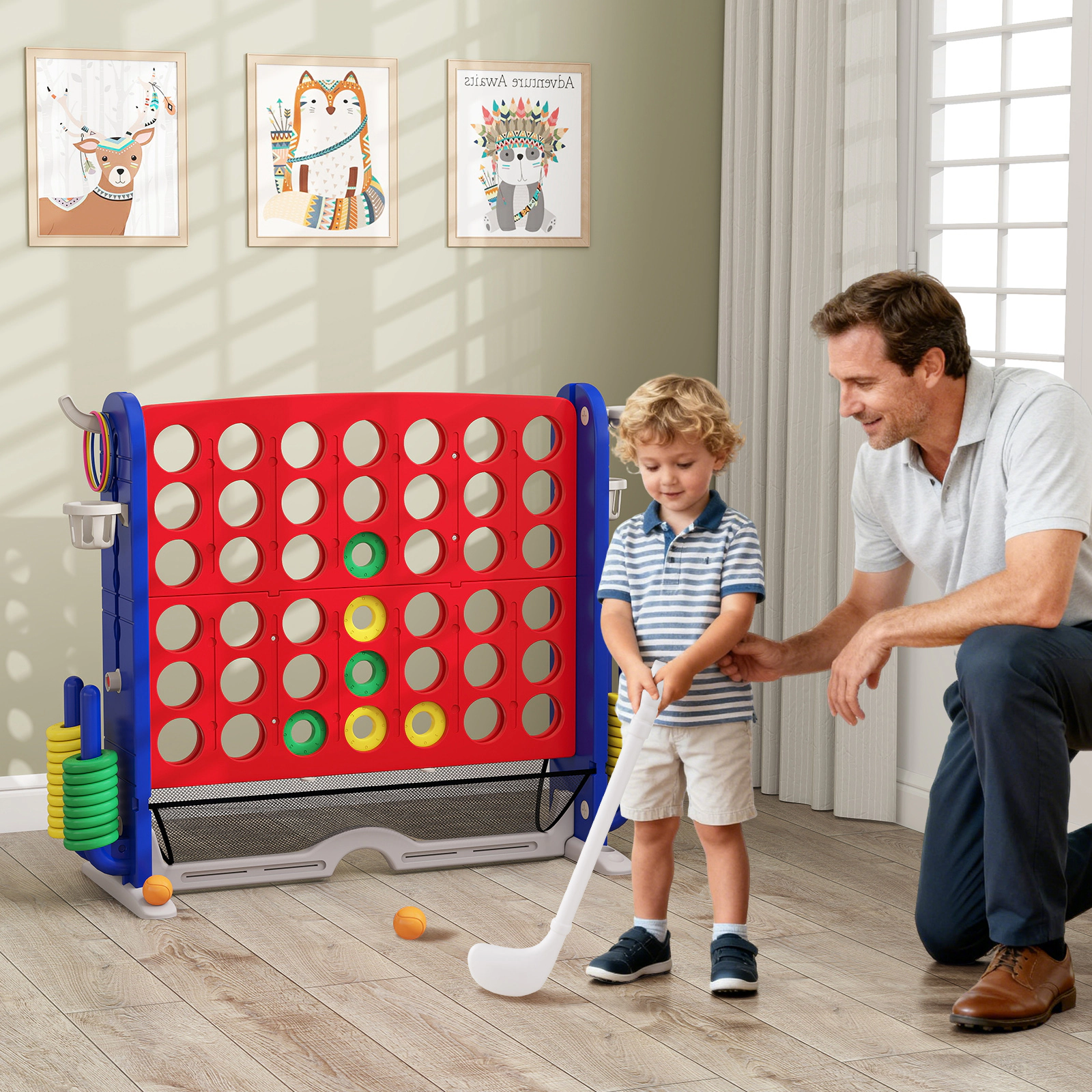 SUGIFT 4-in-1 Jumbo 4-to-Score Game with Ring Toss Basketball Mini Golf Chute Button and Mesh Pouch