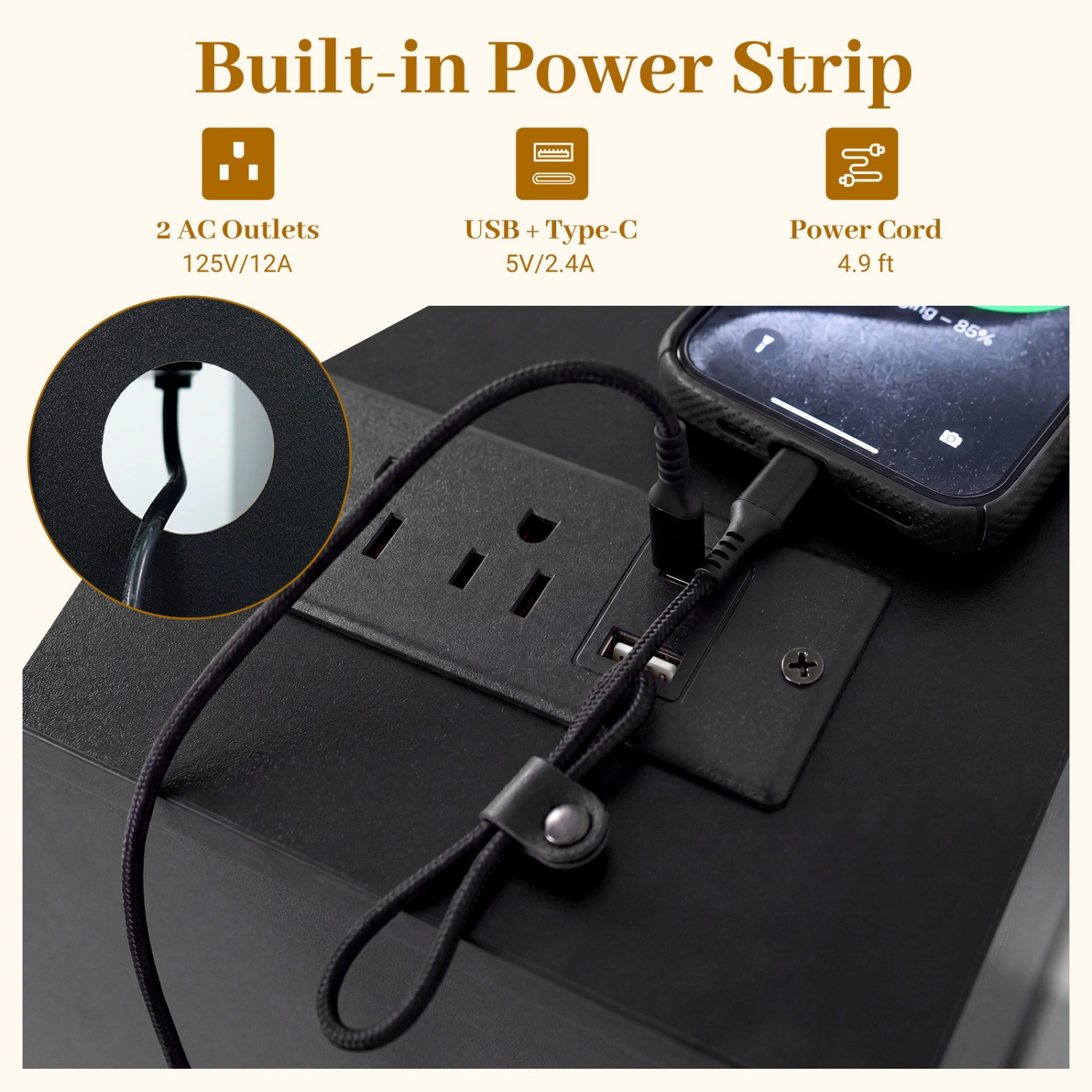 SUGIFT Turntable Record Player Stand Black with Power Outlets and 4-Partition Storage