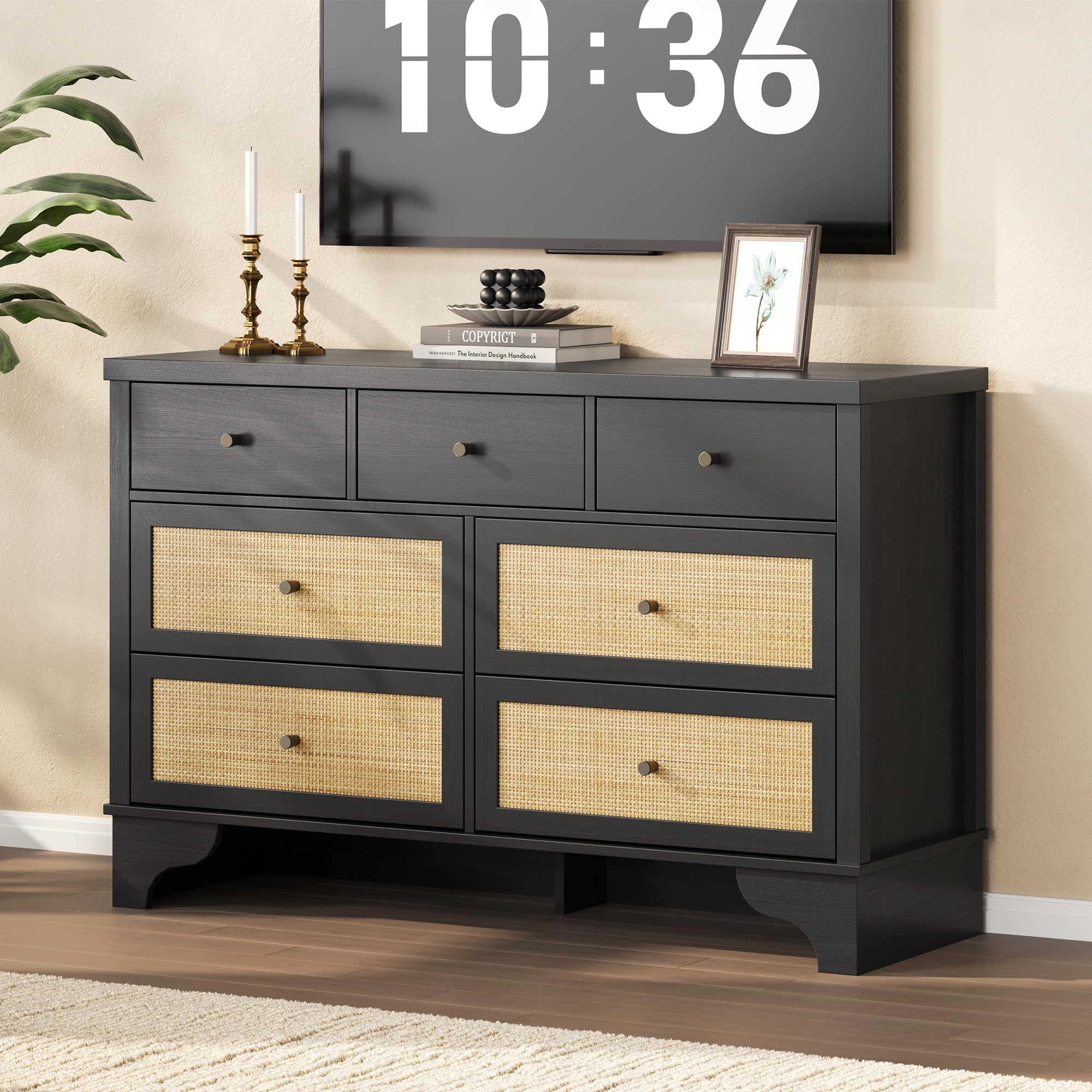 7 Drawer Dresser with Natural Rattan, 47.3" Wood Boho Clothing Storage Organizer, TV Stand Cabinet