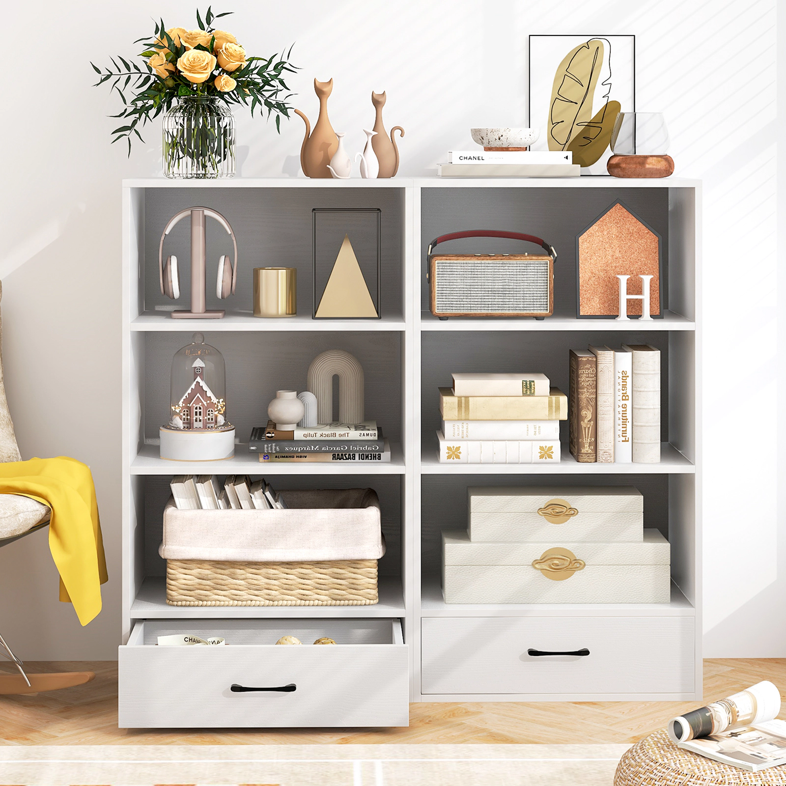 SUGIFT 4-Tier White Wood Bookshelf with Drawer 3 Open Shelves and 88-lb Top for Living Room and Office