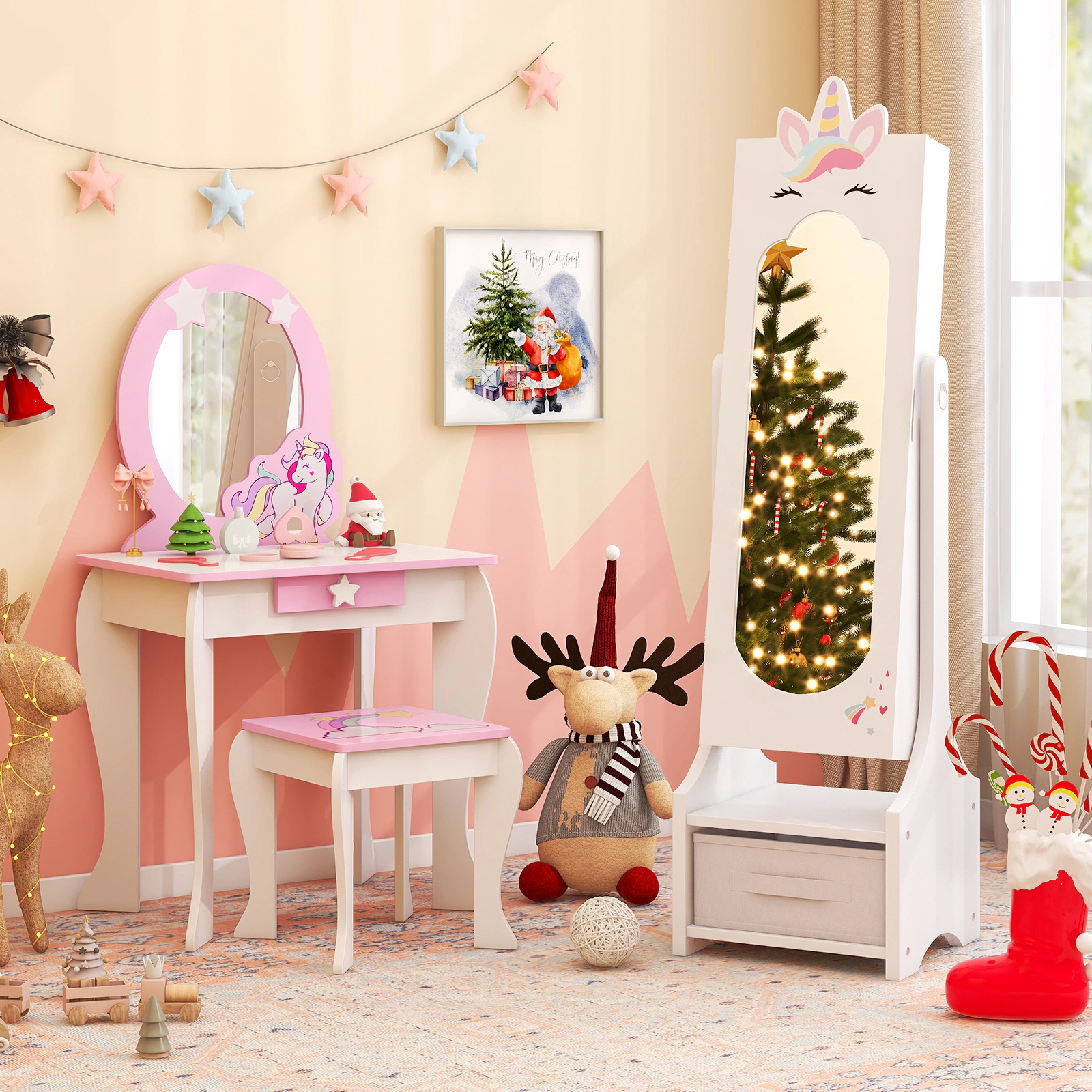 SUGIFT 45.5-in Kids Standing Full-Length Dressing Mirror with 2 Tilt Angles and Hidden Jewelry Cabinet