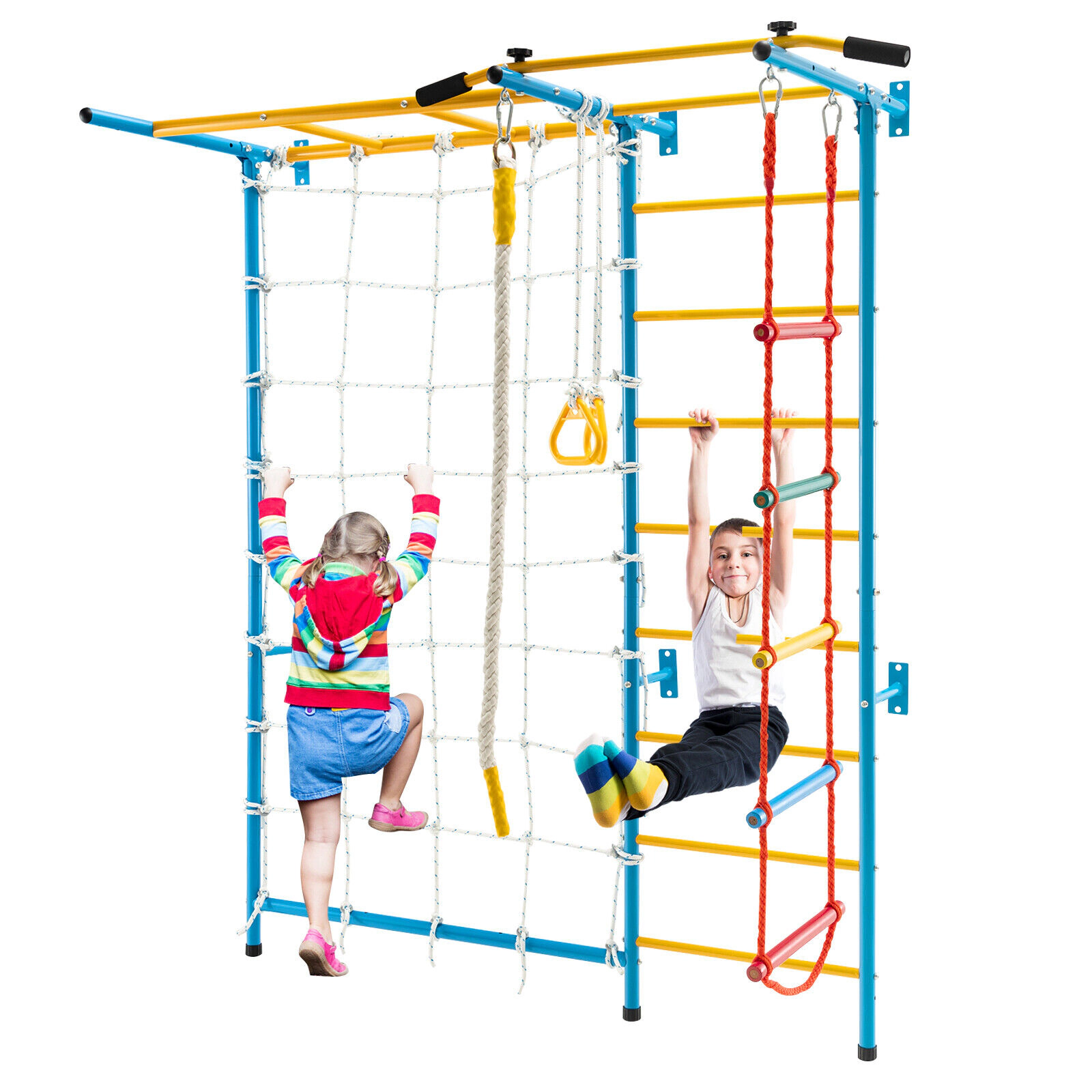 SUGIFT Yellow Monkey Bars and Rope Wall 78 Inch 7-in-1 Kids Indoor Gym Wall Ladder