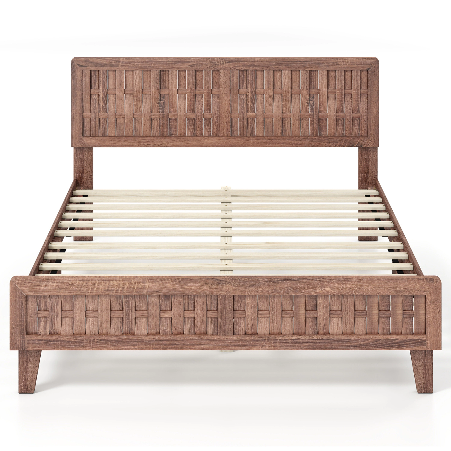 LJG Mid Century Queen Size Bed Frame with Woven Accent Headboard
