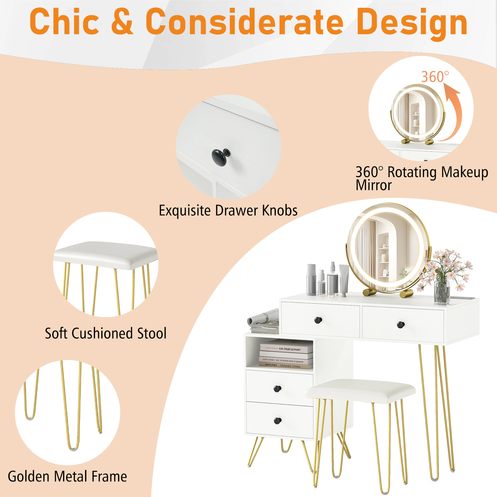SUGIFT Off White Modern Dressing Vanity Table with Reversible Side Cabinet Jewelry Drawer and LED Mirror
