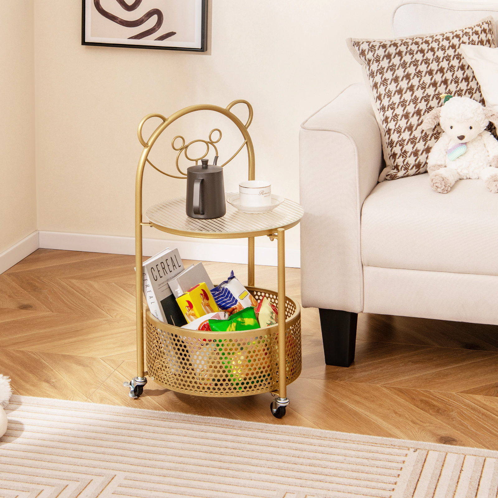SUGIFT Glass Top and Basket Modern Sofa Side Table on Lockable Wheels