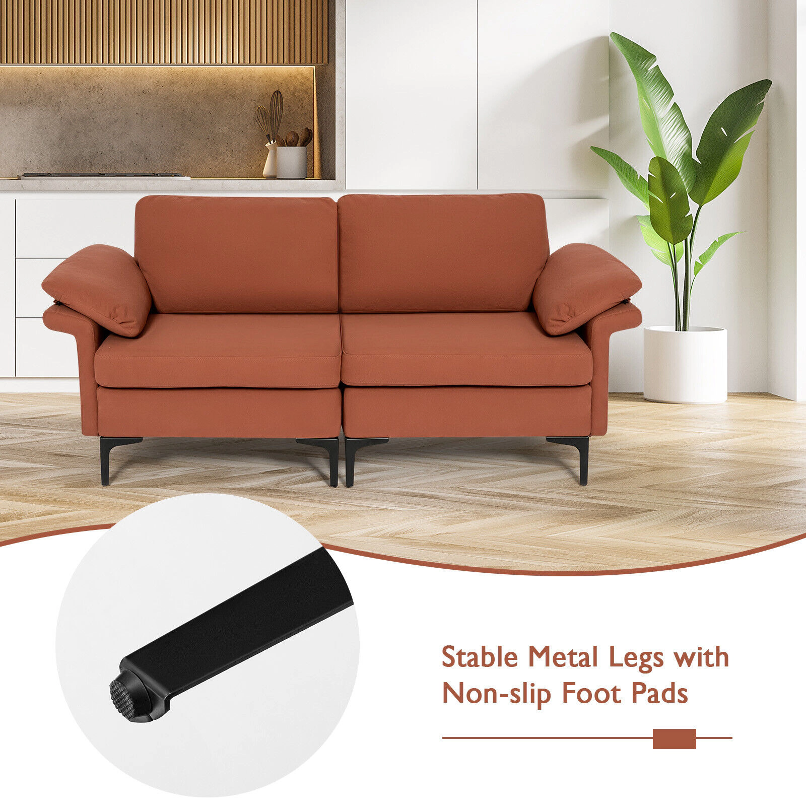 SUGIFT Modern Fabric Loveseat Sofa Rust Red with Metal Legs and Armrest Pillows