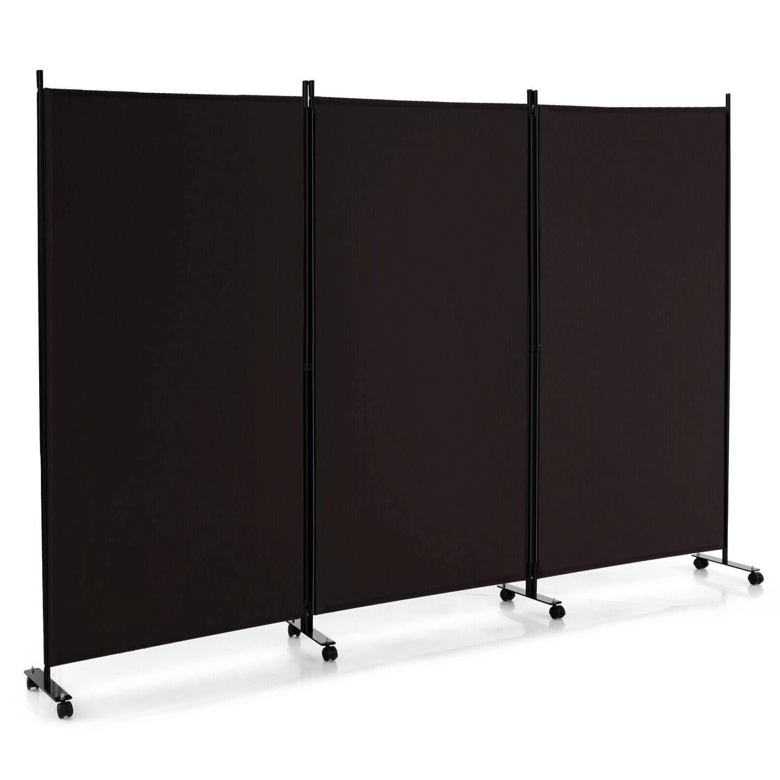SUGIFT 3-Panel Folding Room Divider with Lockable Wheels Brown Metal Frame Polyester Fabric
