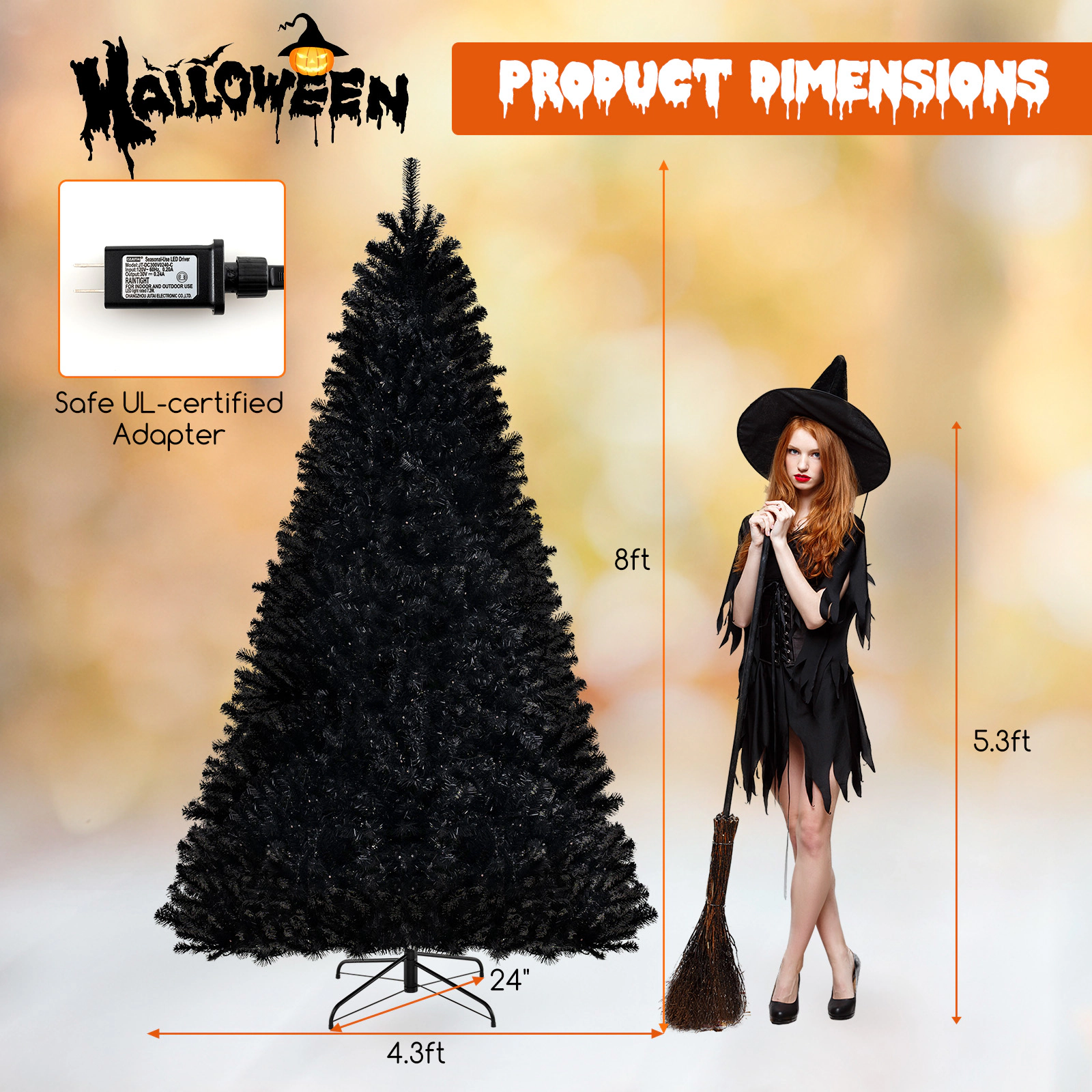 SUGIFT 6-Mode Motion-Activated Artificial Christmas Tree Spooky Sounds 8 ft Tall Black with Orange & Purple LED Lights