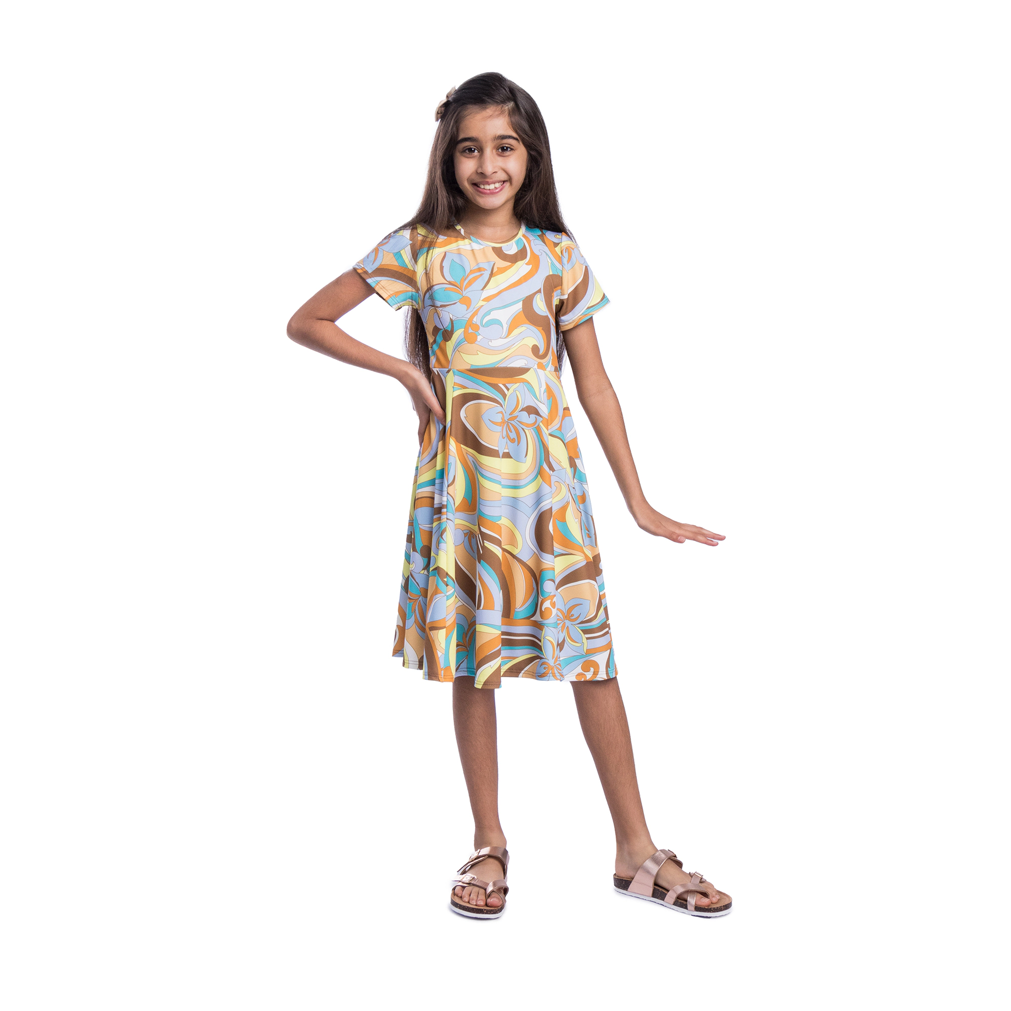 24sevenKid Girls Yellow Print Knee Length Short Sleeve Flowy Dress