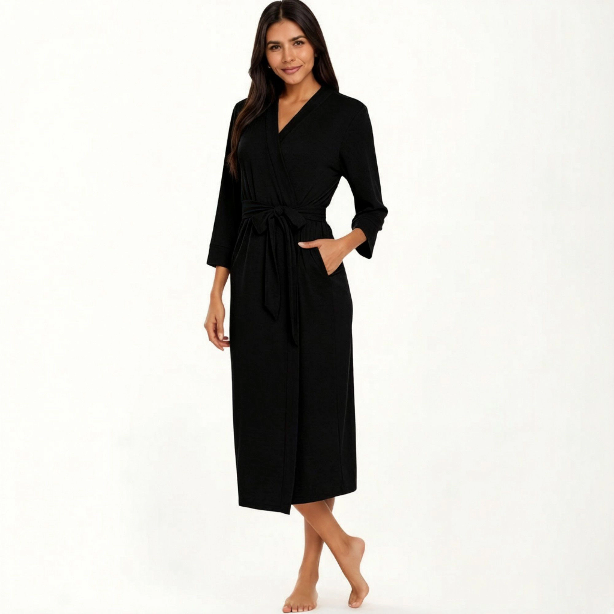 Anna-Kaci Women's Long Lightweight Robe with Shawl Collar Tie Waist Belt Front Pockets Soft Knit