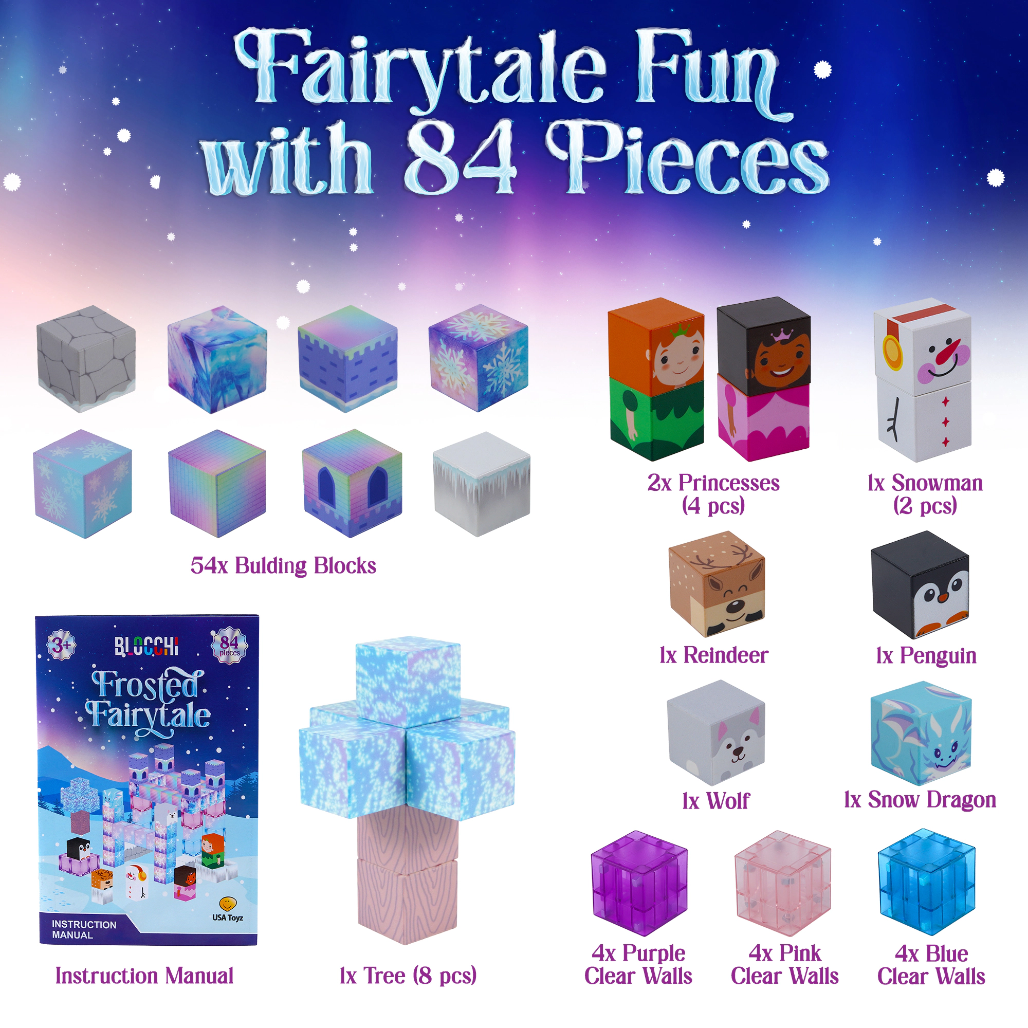 USA Toyz Blocchi Frosted Fairytale Magnetic Building Blocks 84pc Construction Set Toy for Kids