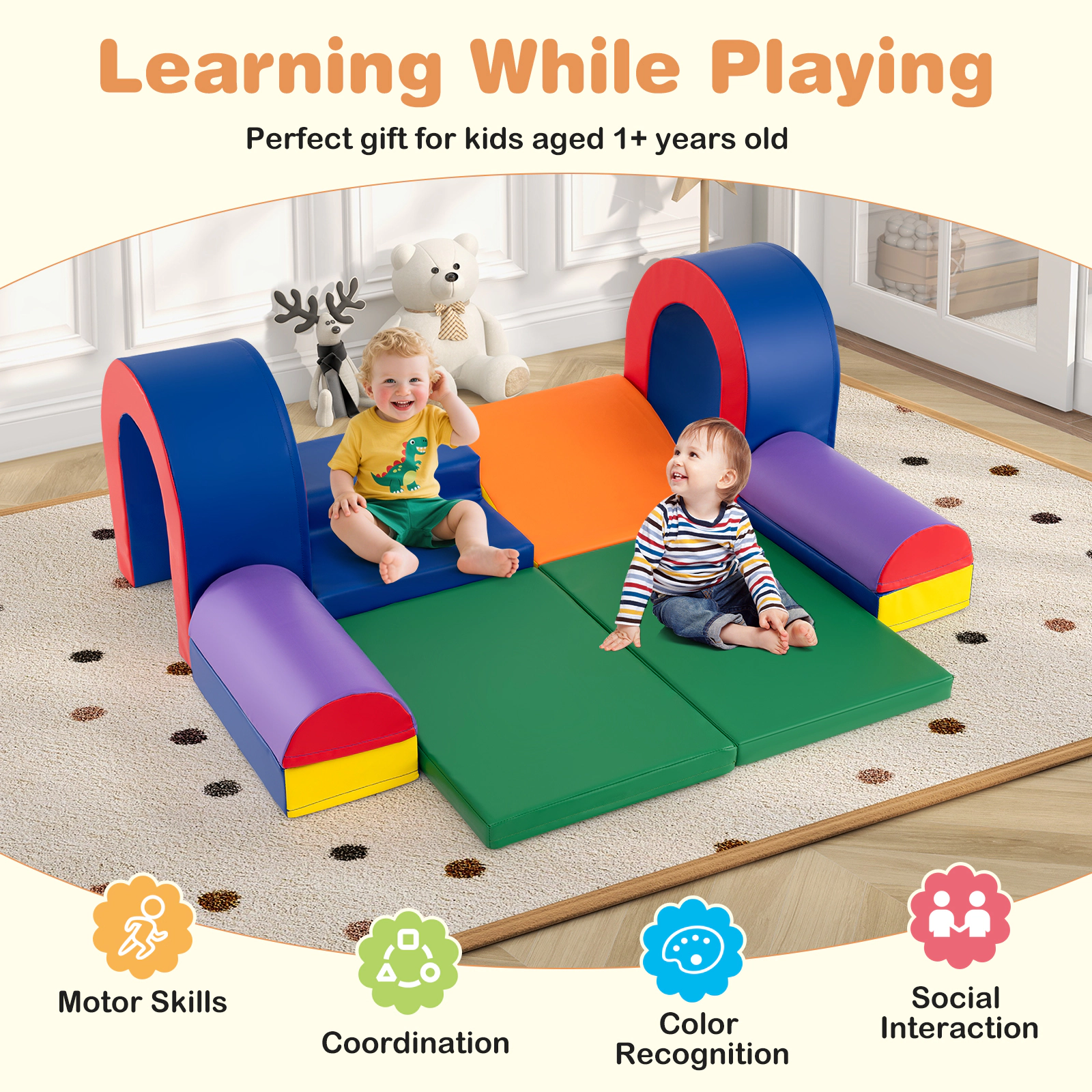 SUGIFT Toddler Multicolor 10-Piece Soft Foam Climber Block Play Set with Slide and Stair 22-in Arch H Ages 1+