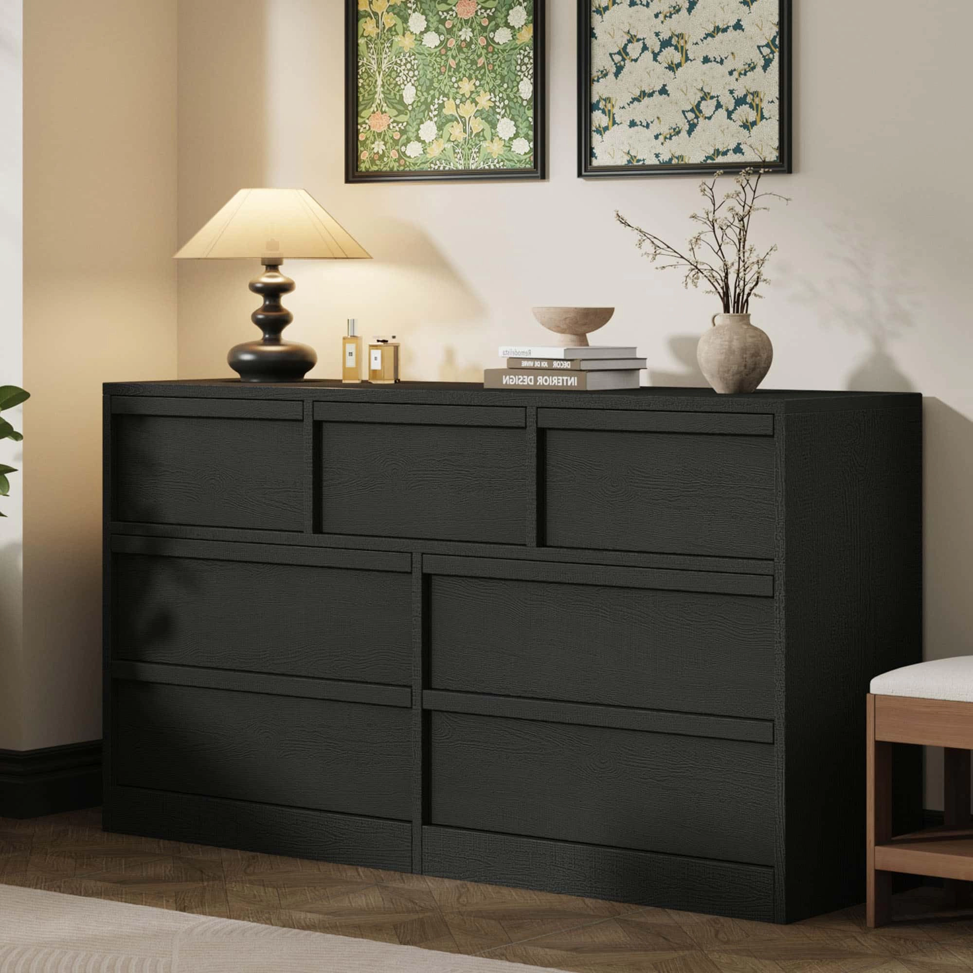 7 Drawer Dresser, Freestanding MDF Chest of Drawers with Storage Top and Anti-Tip Hardware for Bedroom