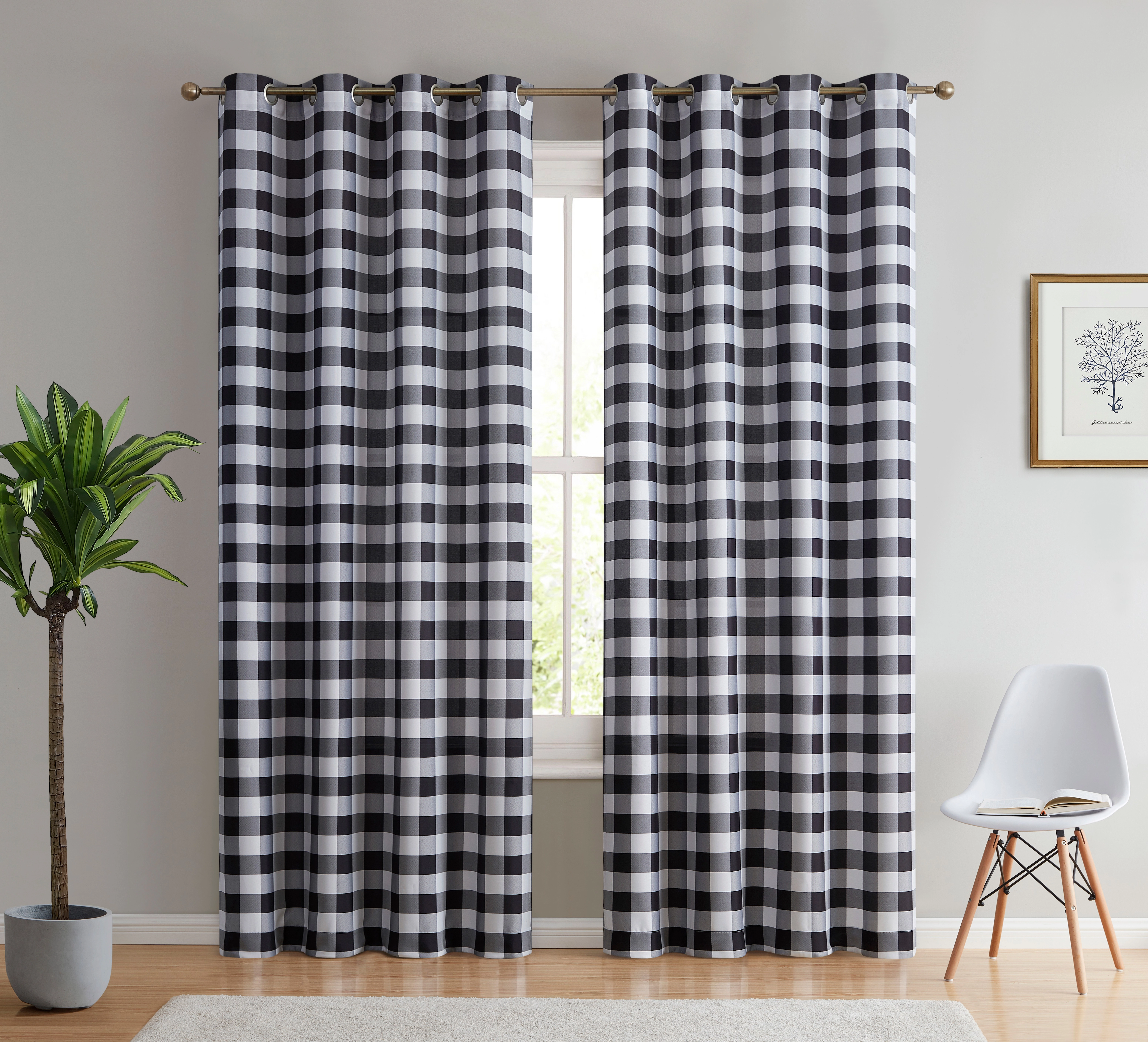 HLC.ME Hilltop Buffalo Check Textured Light Filtering Grommet Lightweight Window Curtains, Set of 2