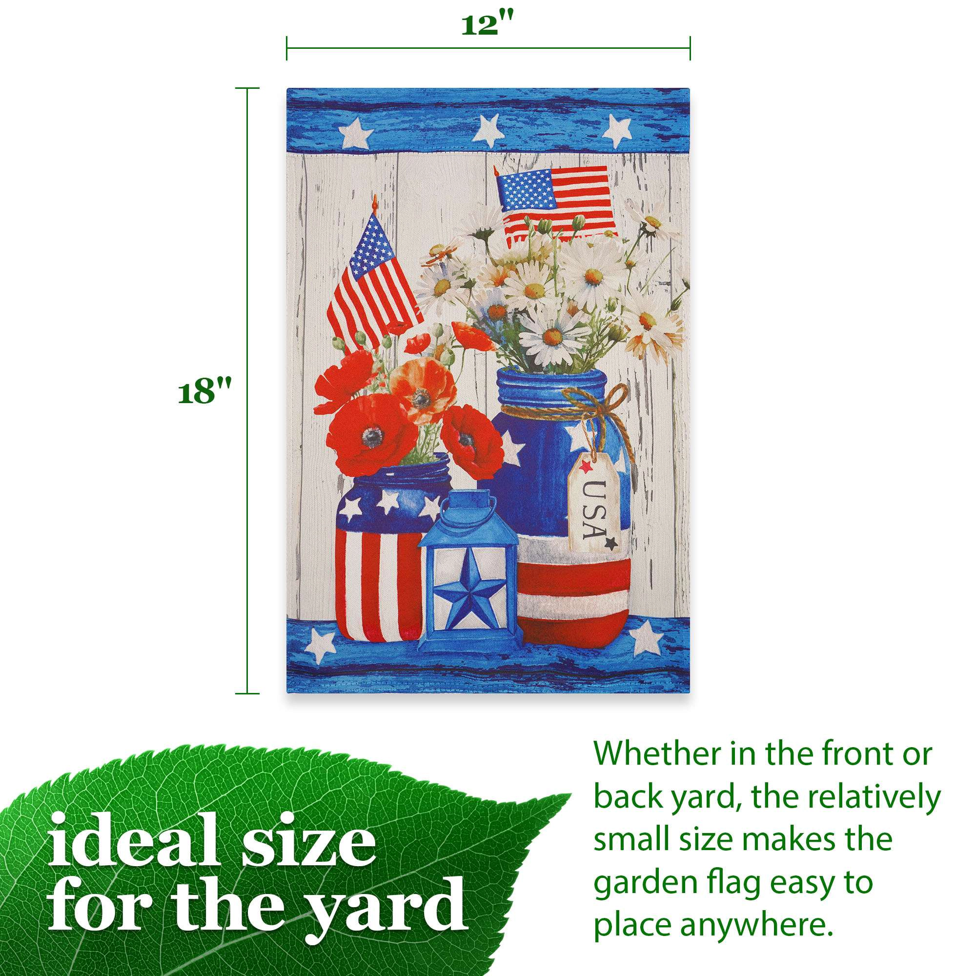 G128 Rustic Mason Jar Patriotic Flowers Garden Flag 12x18 in Double-Sided