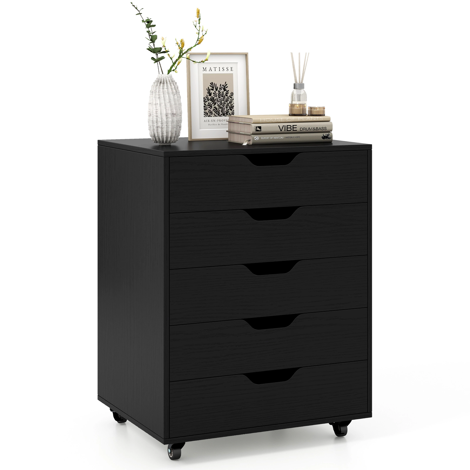 SUGIFT 5-Drawer Mobile File Cabinet Wheels 155-lb Capacity 19-in Long Engineered Wood MDF for Living Room & Office Black