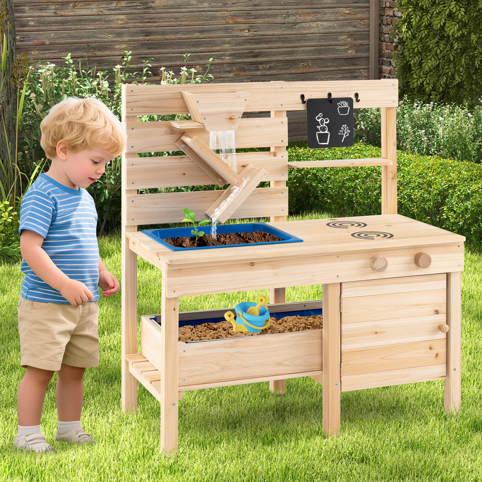 Outdoor Play Kitchen Detachable Sandbox Removable Sink Sand Funnel 31-in Fir Wood Mud Kitchen Ages 3-8 Natural