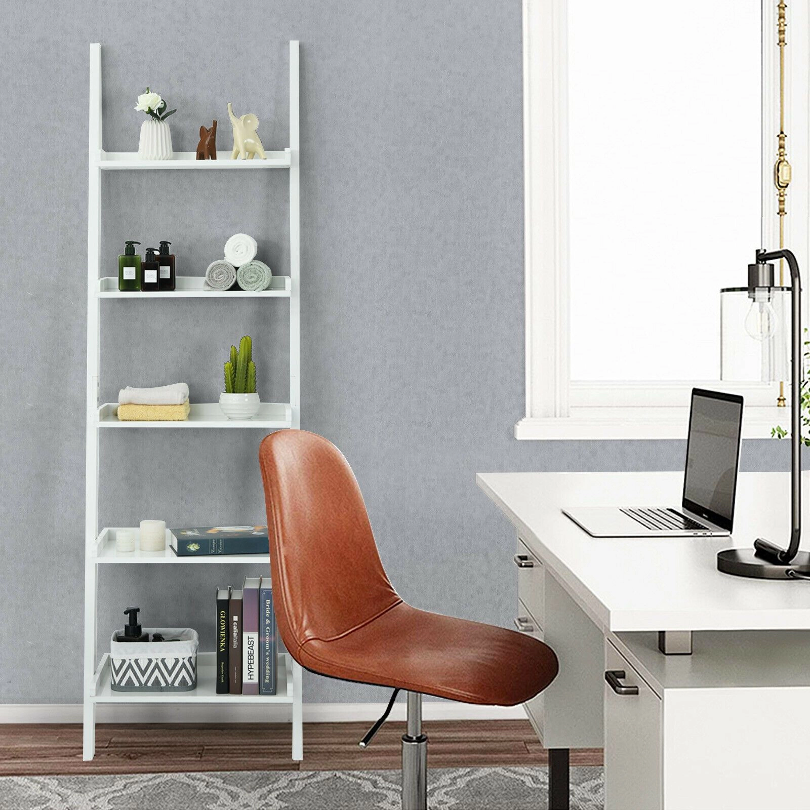 SlickBlue 5 Tier Leaning Ladder Shelf For Home Storage