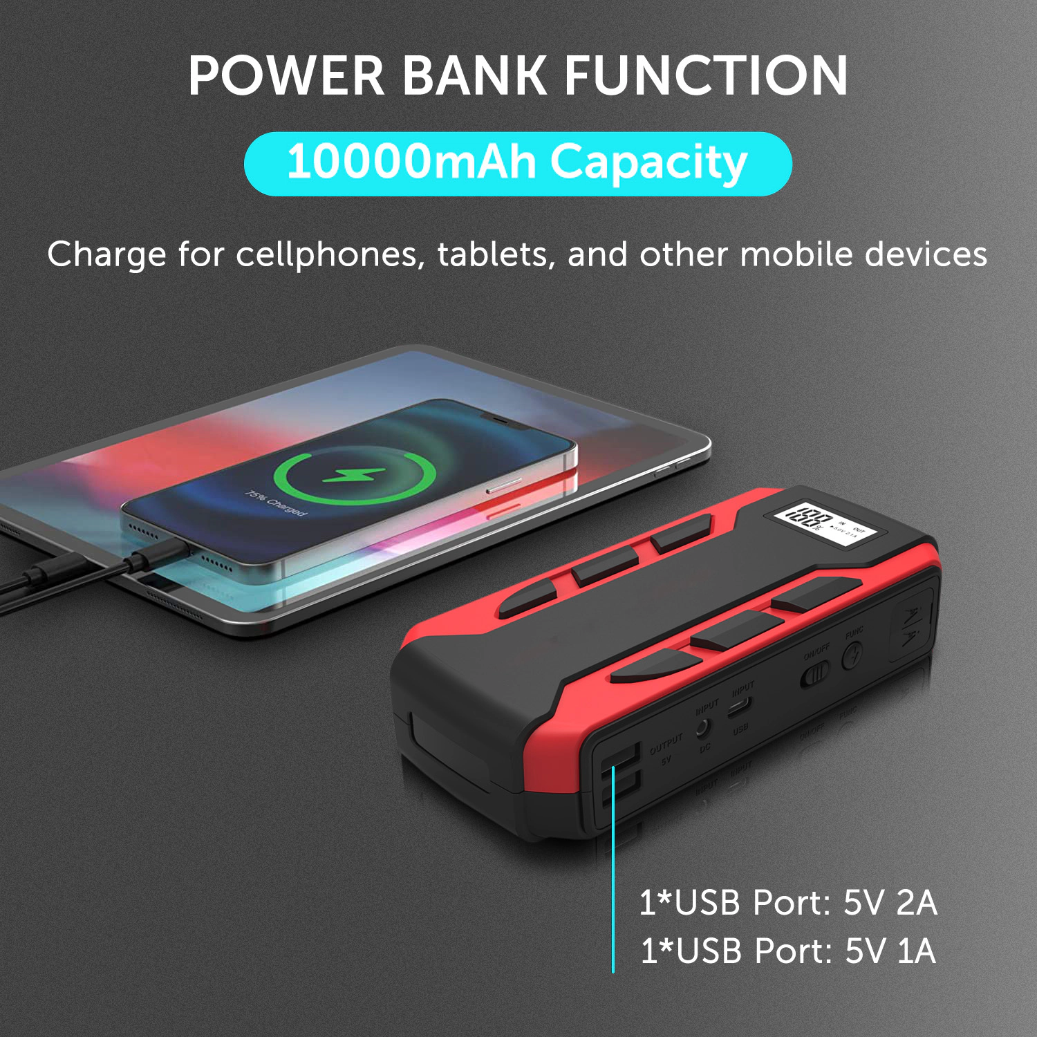 Alpha Digital 800A Peak, 10,000mAh, 6.0L Gas/3.0L Diesel - Car Jump Starter