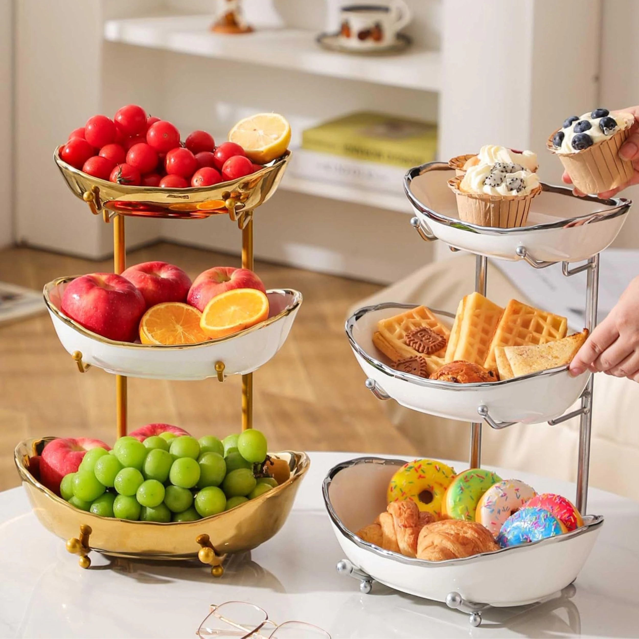 Stock Preferred 3 Tier Ceramic Fruit Bowl Stand with Metal Frame for Kitchen Counter