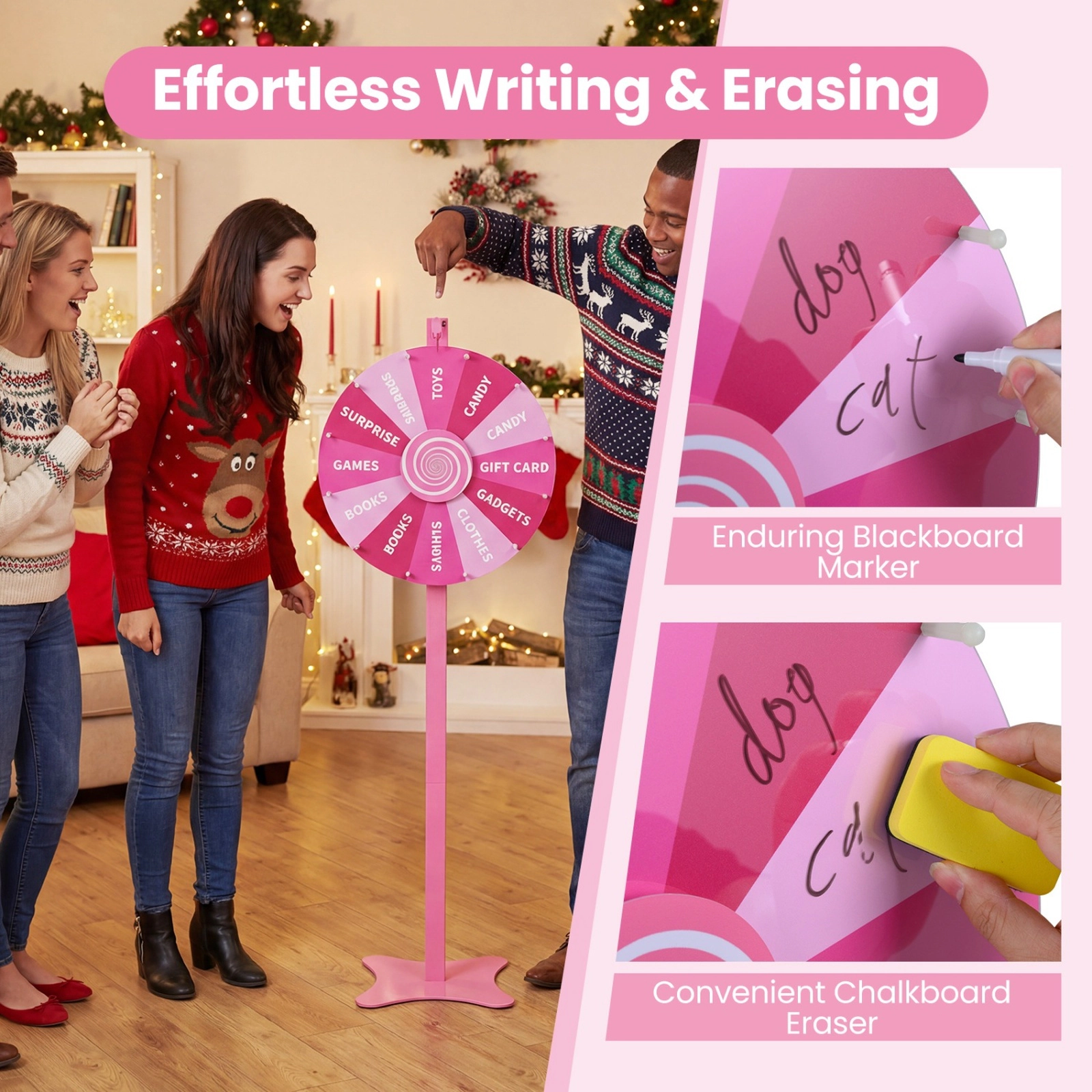 SUGIFT 18-In Prize Wheel Game with Blackboard Marker and Eraser Adjustable Floor or Table Use Pink