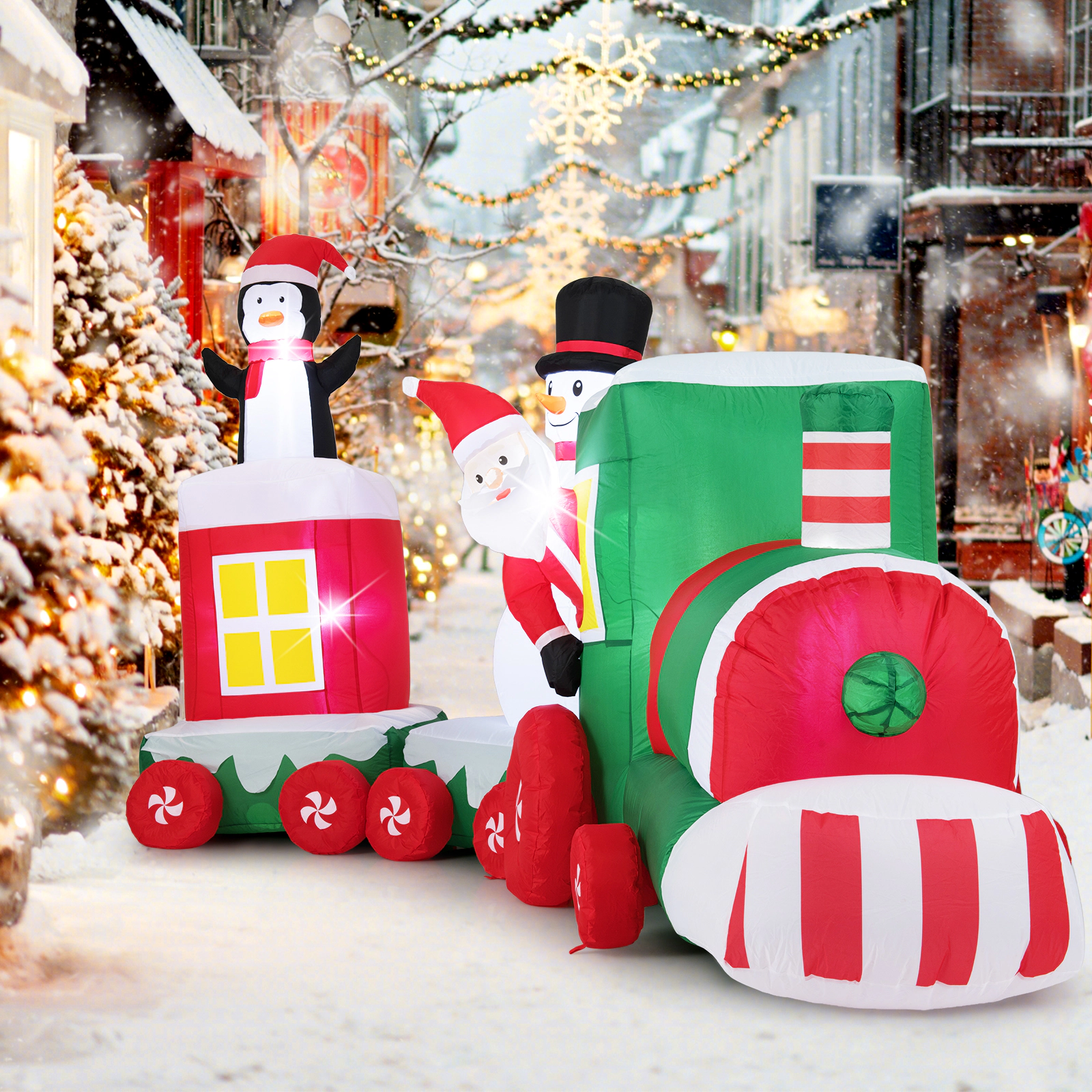 Glintex 11.5-Ft Inflatable Christmas Train with Santa Snowman and Penguin, Multicolor