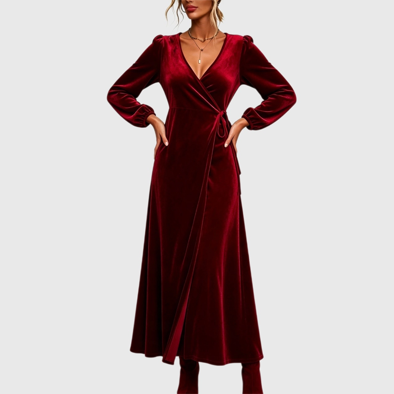 YesFashion Womens Velvet Maxi Dress Fall Winter Long Sleeve V Neck Ruched Waist Wrap