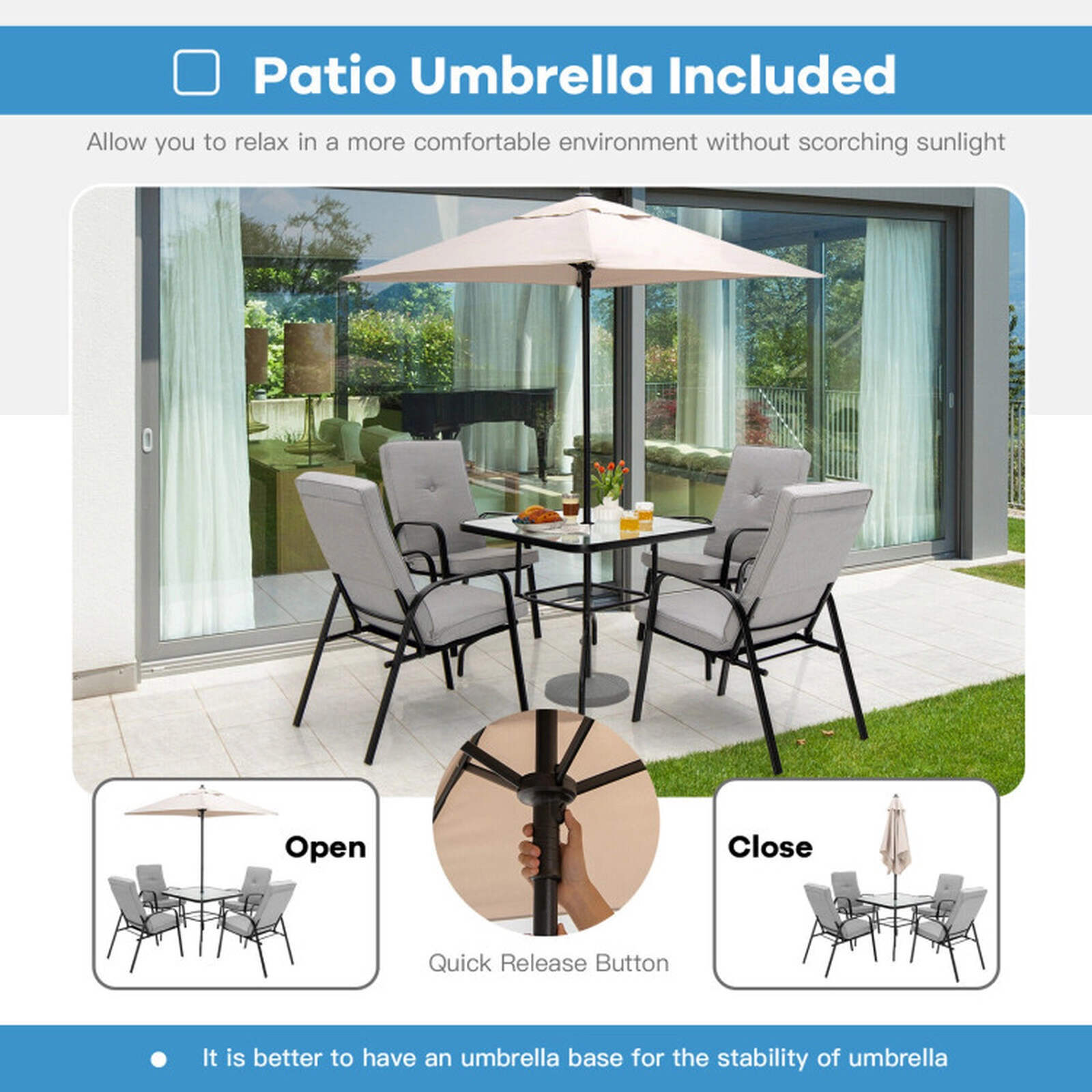 SUGIFT Sun-Resistant Square Patio Market Table Umbrella Shelter with 4 Sturdy Ribs 7.2-ft Tall Beige
