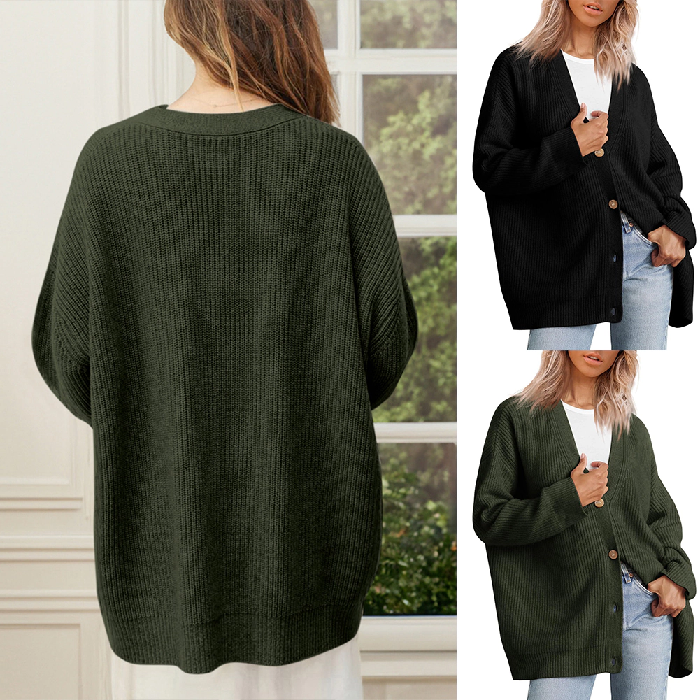 KOJOOIN Women Oversized V Neck Knit Cardigan Ribbed Button Down Sweater Jacket Mid‑Length Loose Outerwear
