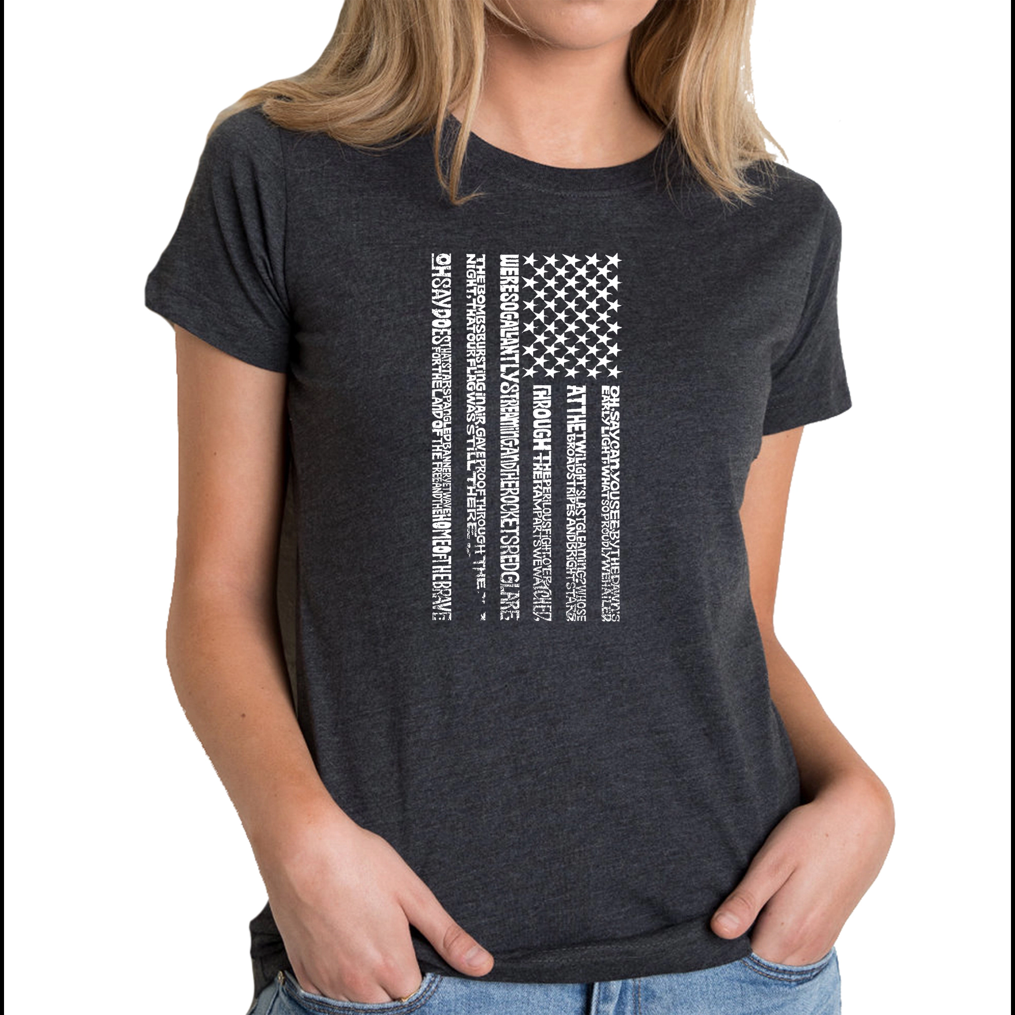 LA Pop Art Women's Cotton/Poly Blend Word T-Shirt - National Anthem Flag