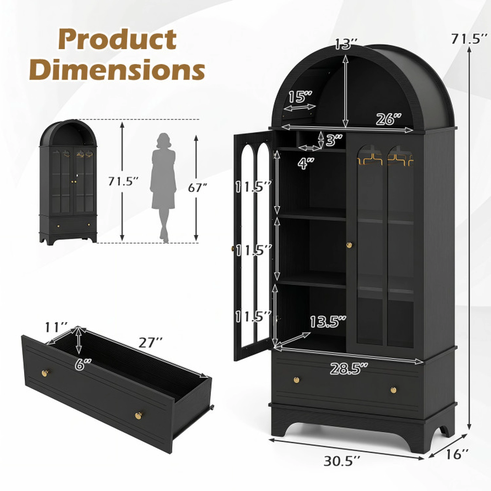 SUGIFT 71.5-in 5-Tier 66-lb Shelf Black Arched Cabinet with Tempered Glass Doors 6-Bottle Wine Rack and Drawer