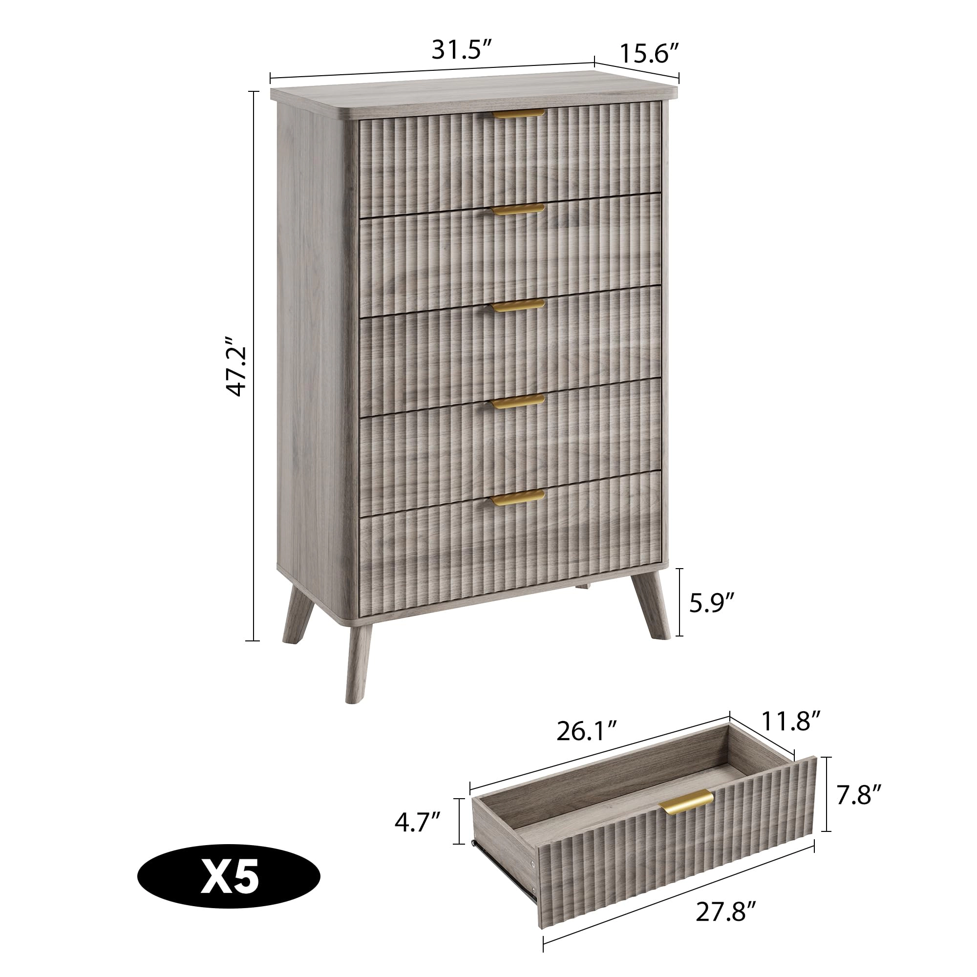 Fluted 5 Drawer Dresser, Curved Profile Design 47.2" Tall Wooden Chest for Bedroom Living Room Hallway