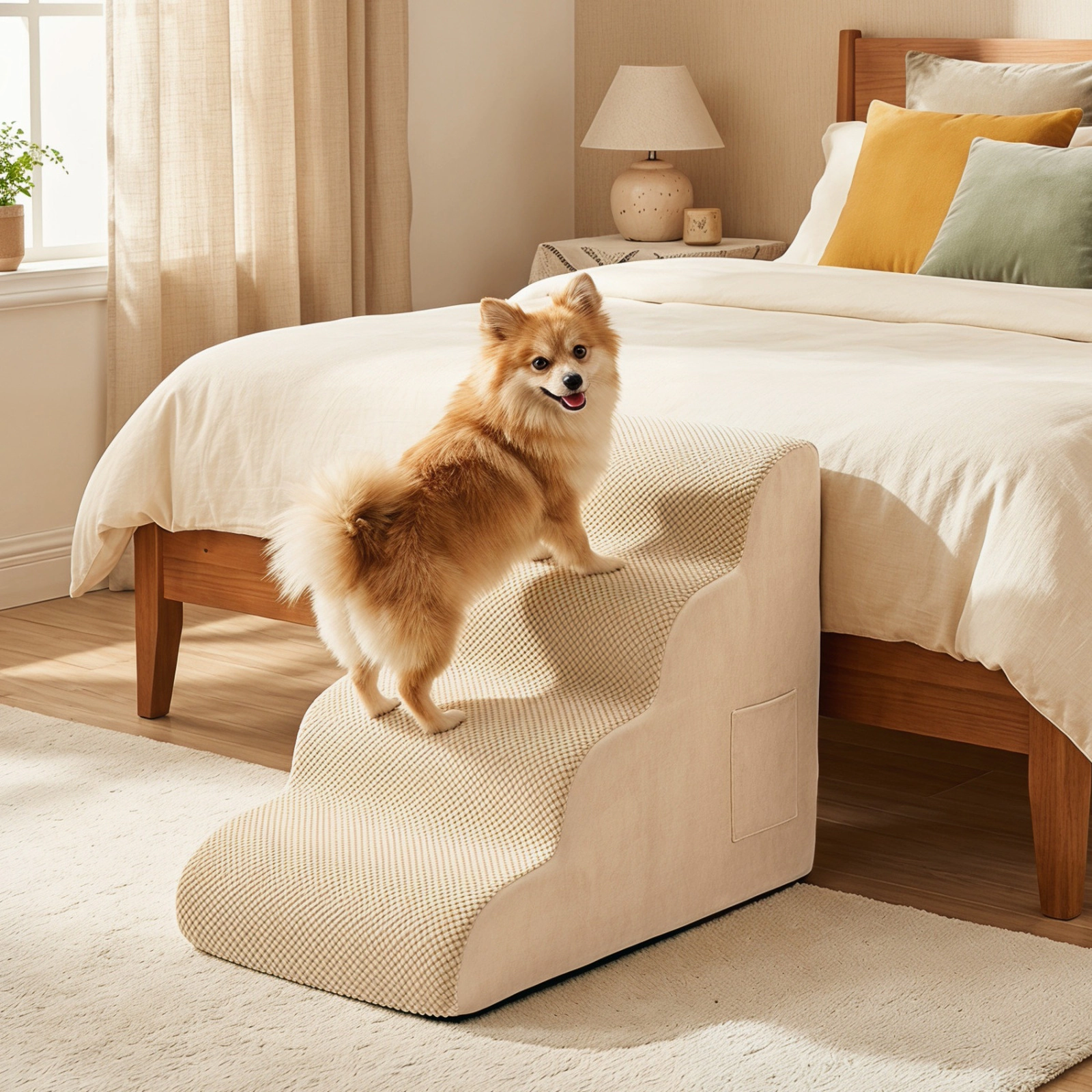 SUGIFT Beige 4-Tier Foam Dog Stairs with Washable Zippered Cover 28.5-in W 16-in D 20-in H 132-lb Step Capacity