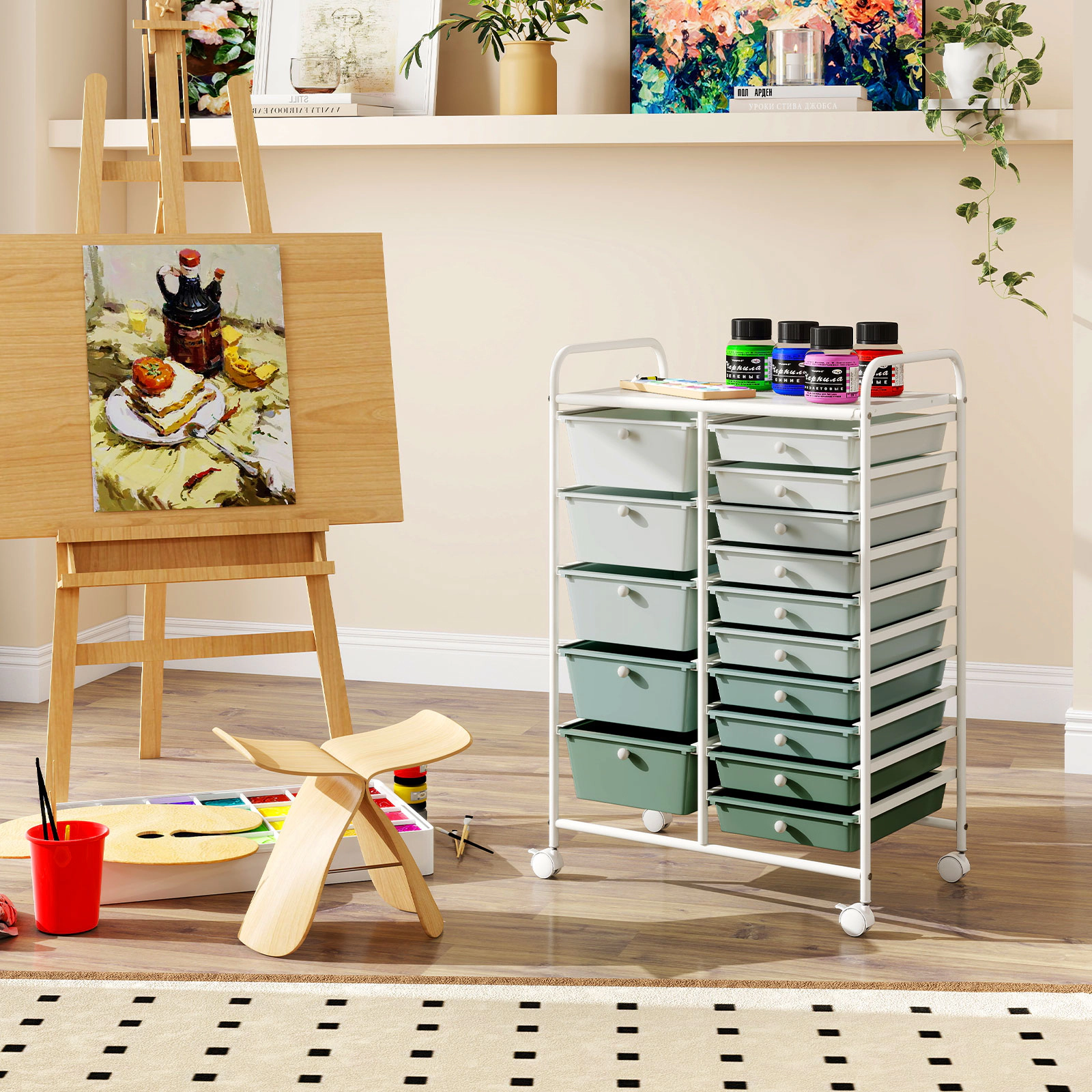 SUGIFT 15-Drawer Rolling Utility Storage Cart with Plastic Drawers 22-lb Top Capacity Lime Green